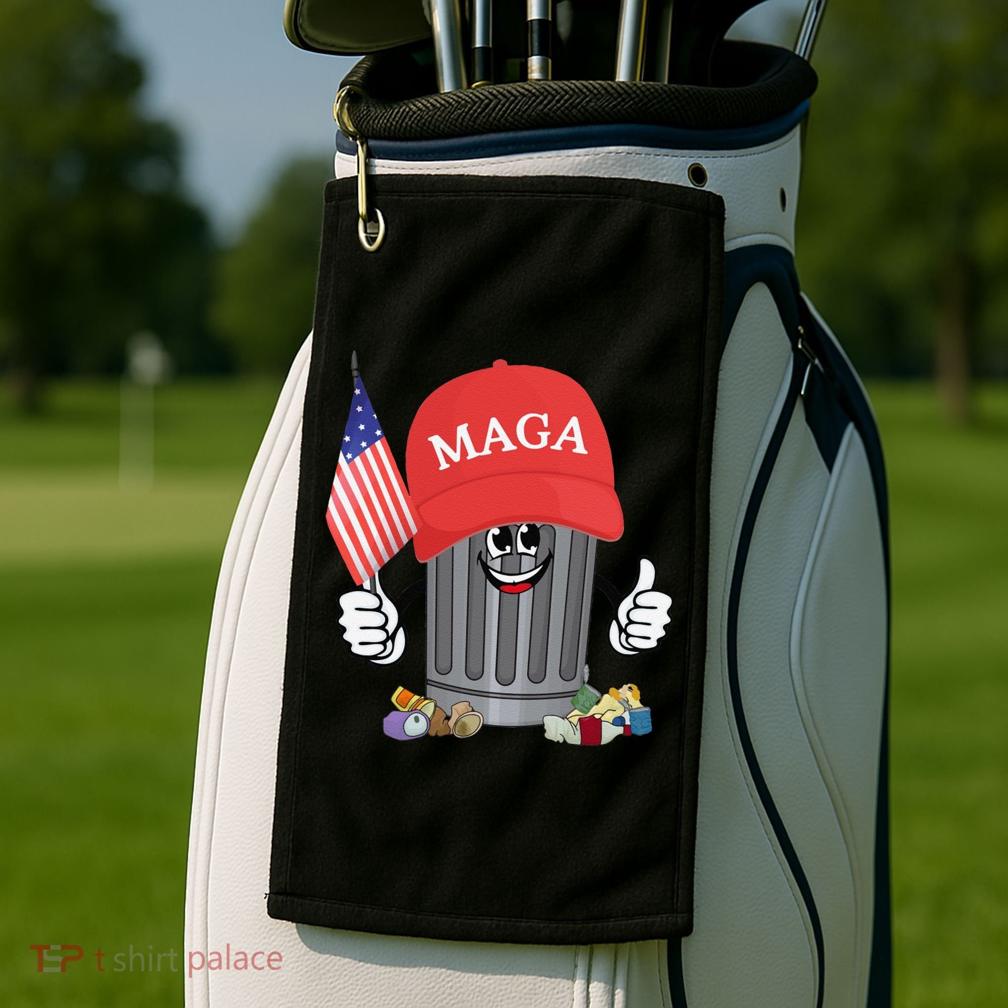 Proud Maga Garbage Trump Supporter Trash Can Cartoon Funny Gift Golf Towel