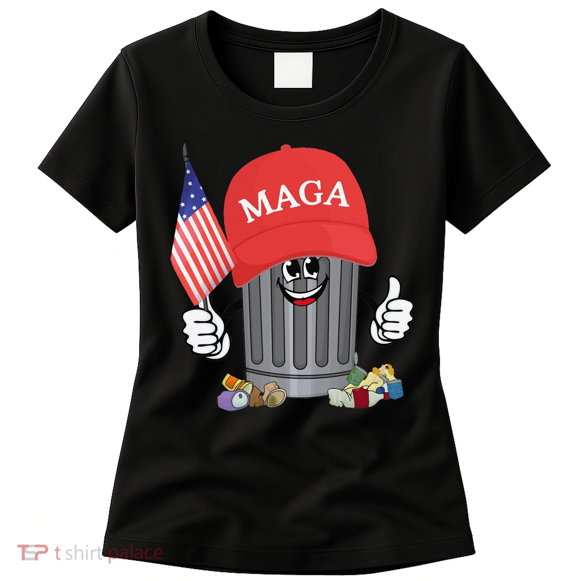 Proud Maga Garbage Trump Supporter Trash Can Cartoon Funny Gift Women's T-Shirt