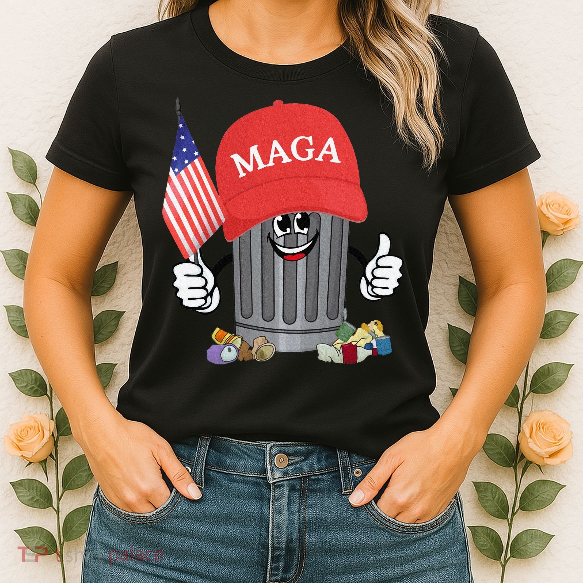 Proud Maga Garbage Trump Supporter Trash Can Cartoon Funny Gift Women's T-Shirt