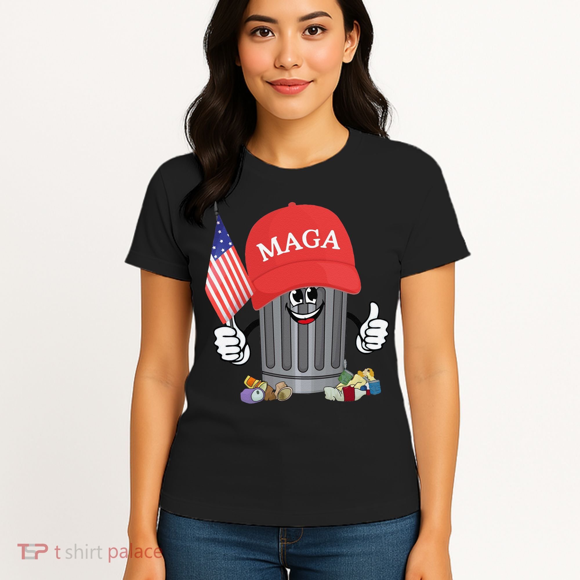 Proud Maga Garbage Trump Supporter Trash Can Cartoon Funny Gift Women's T-Shirt