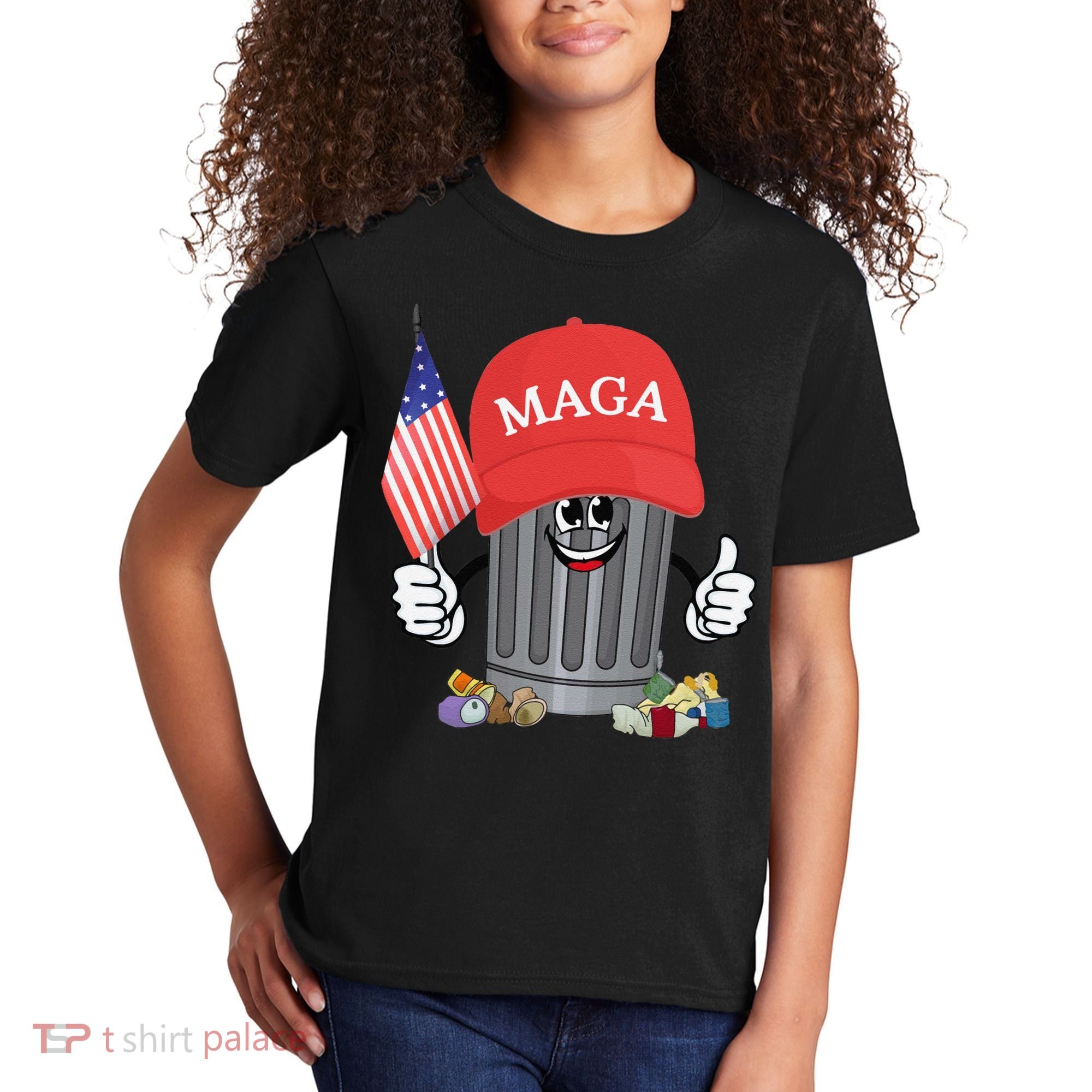 Proud Maga Garbage Trump Supporter Trash Can Cartoon Funny Gift Kids T-Shirt