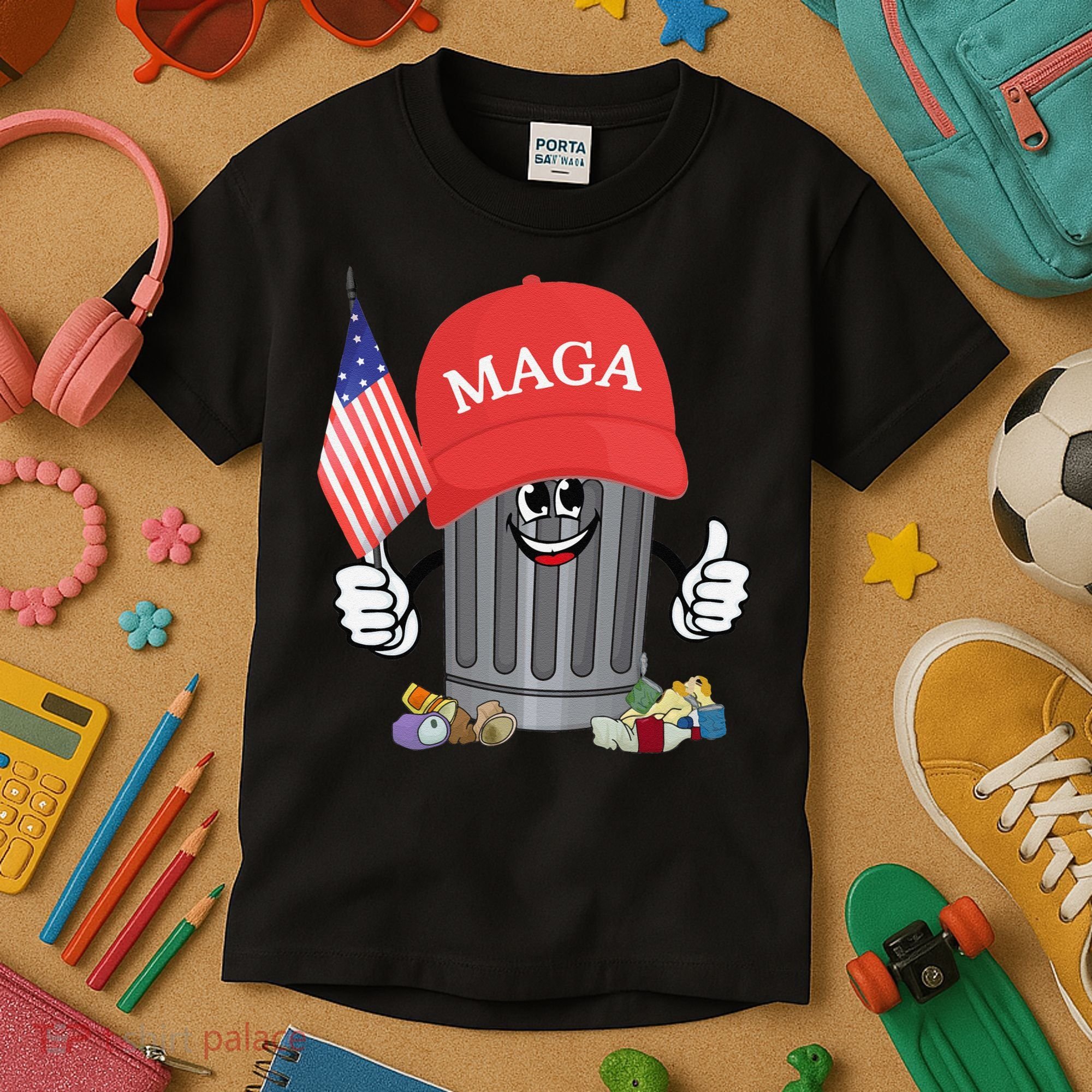 Proud Maga Garbage Trump Supporter Trash Can Cartoon Funny Gift Kids T-Shirt