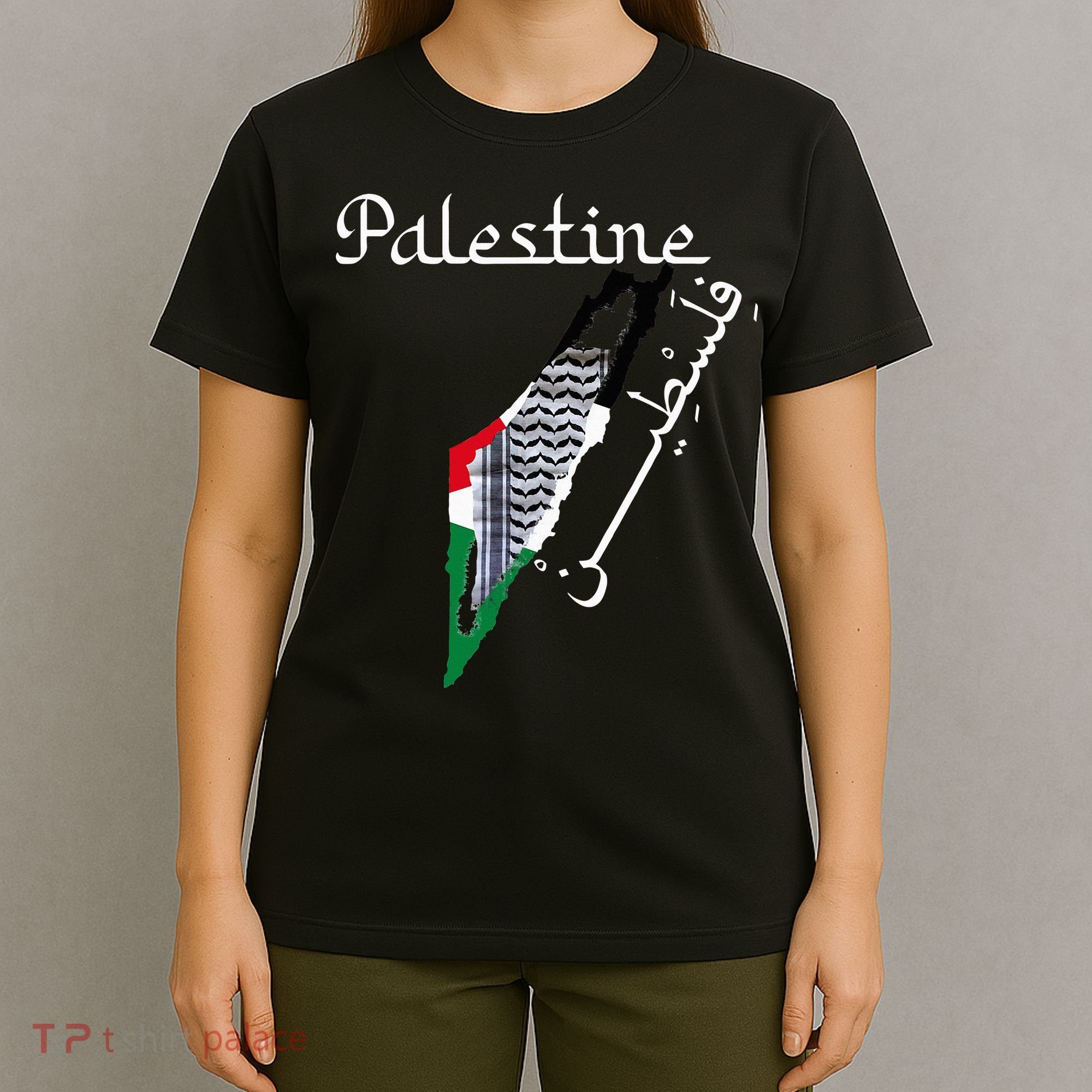 Palestine Map Keffiyeh Scarf Palestinian Flag in Arabic T-Shirt