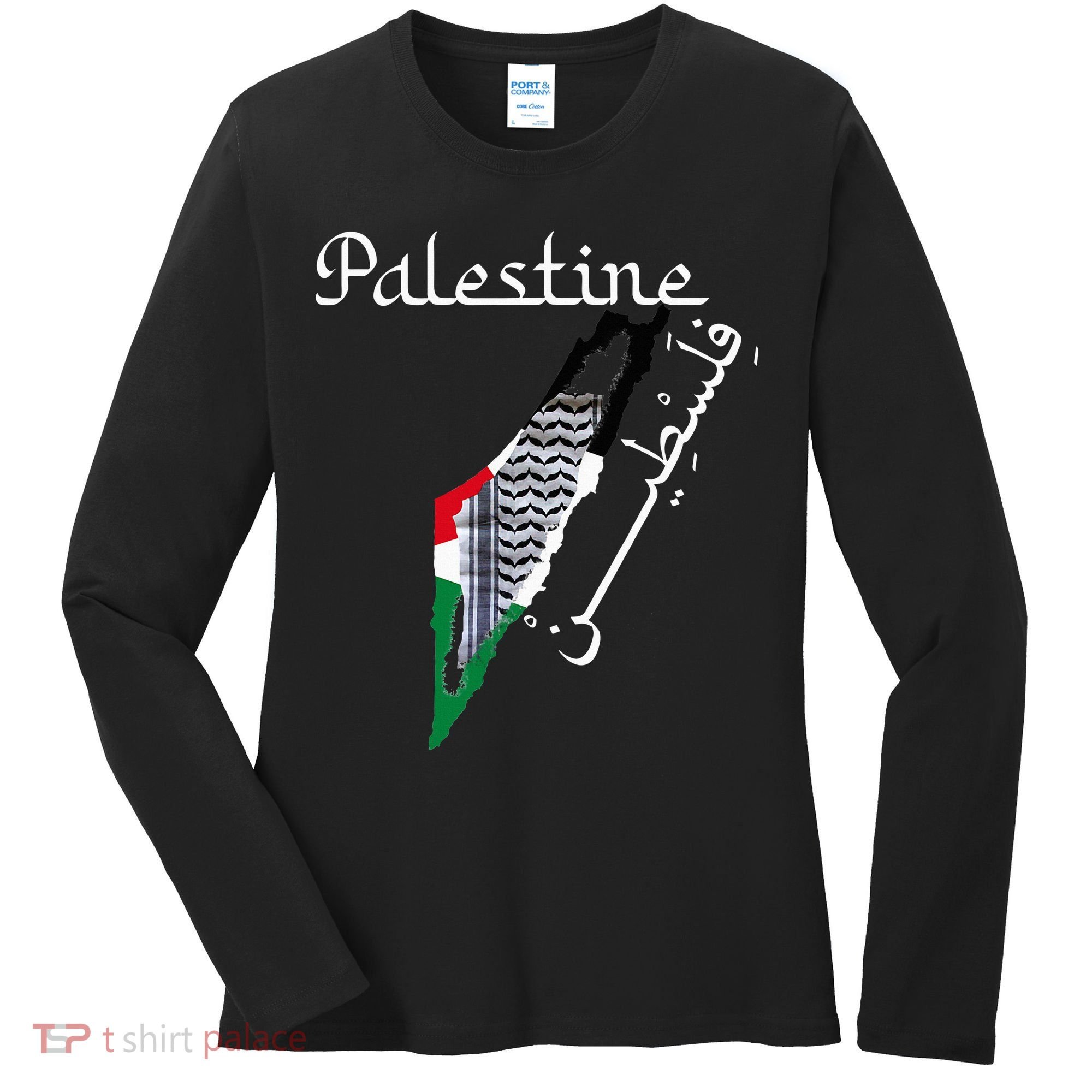 Palestine Map Keffiyeh Scarf Palestinian Flag in Arabic Women's Long Sleeve Shirt