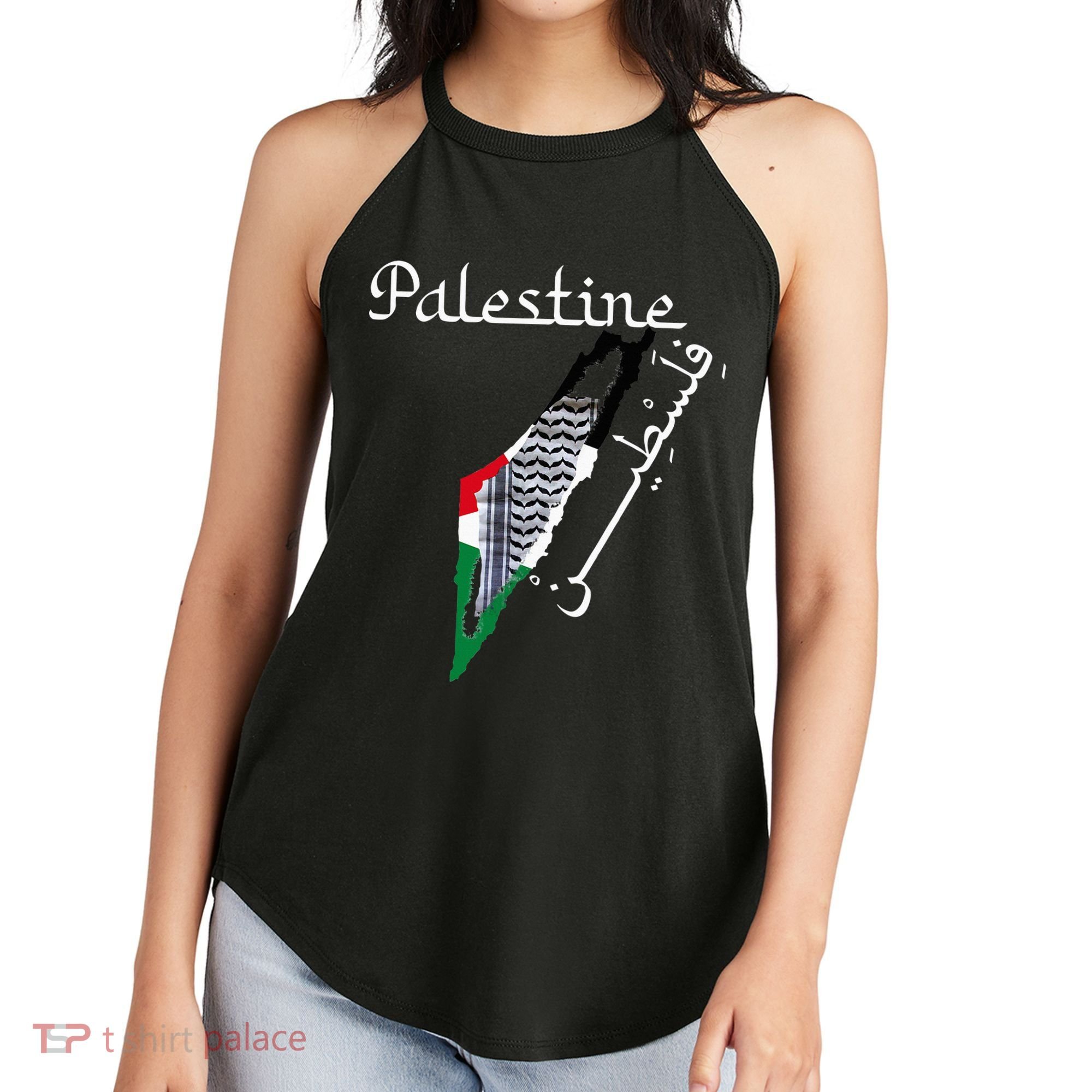 Palestine Map Keffiyeh Scarf Palestinian Flag in Arabic Women's Perfect Tri Rocker Tank
