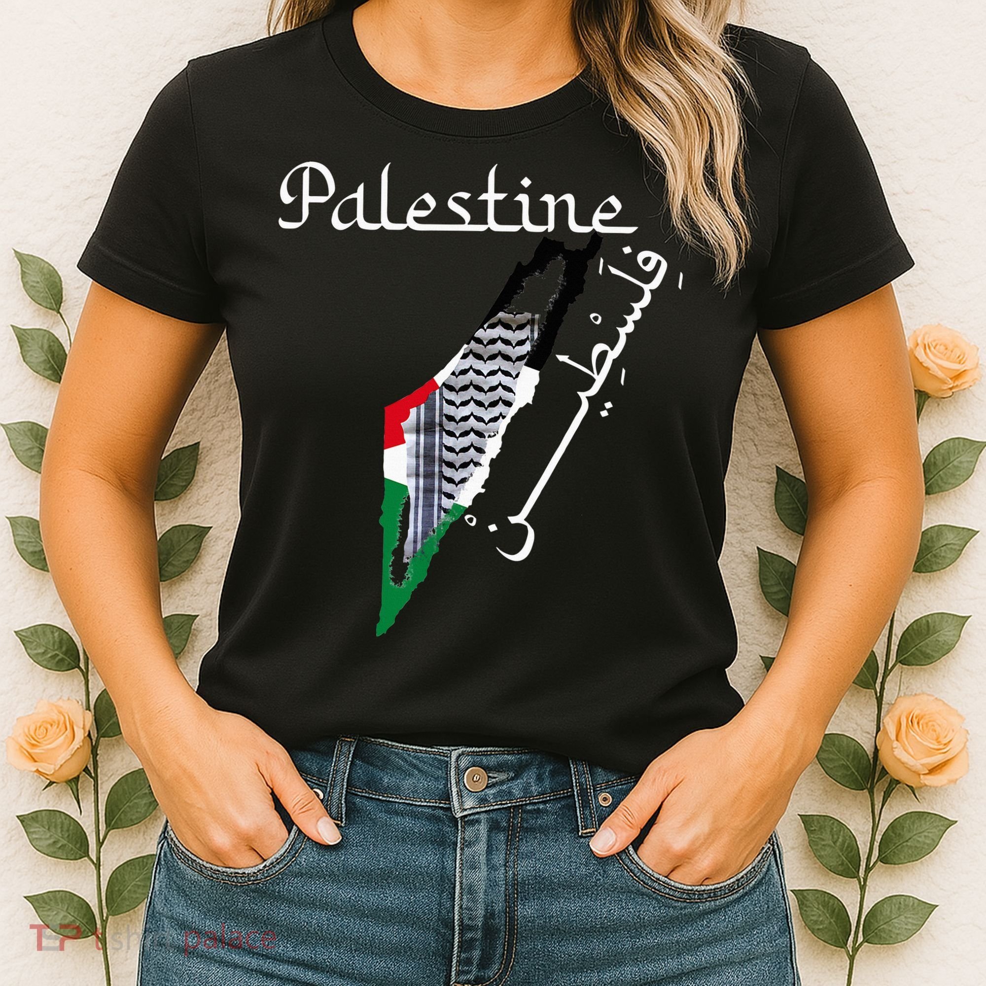 Palestine Map Keffiyeh Scarf Palestinian Flag in Arabic Women's T-Shirt