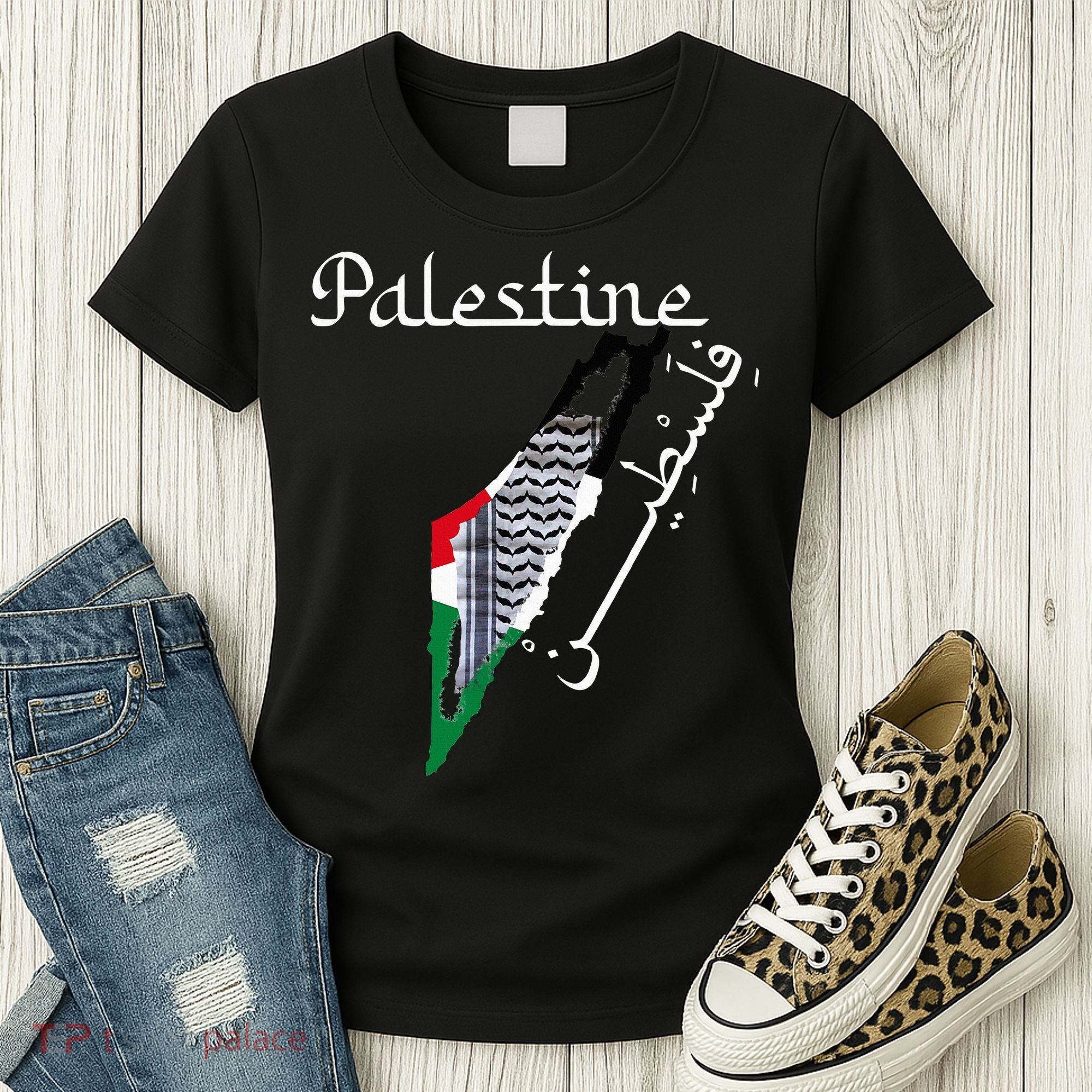 Palestine Map Keffiyeh Scarf Palestinian Flag in Arabic Women's T-Shirt