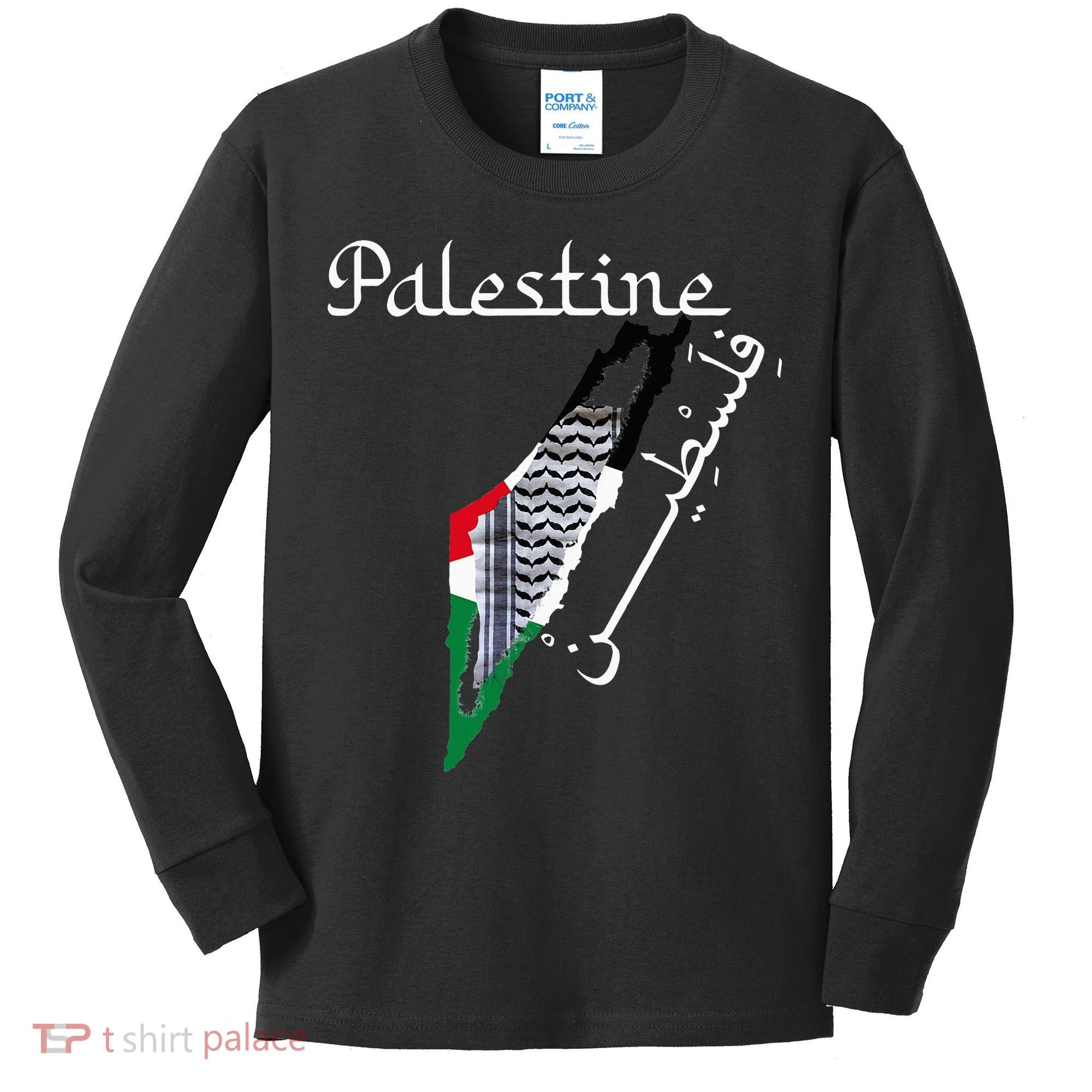 Palestine Map Keffiyeh Scarf Palestinian Flag in Arabic Kids Long Sleeve Shirt
