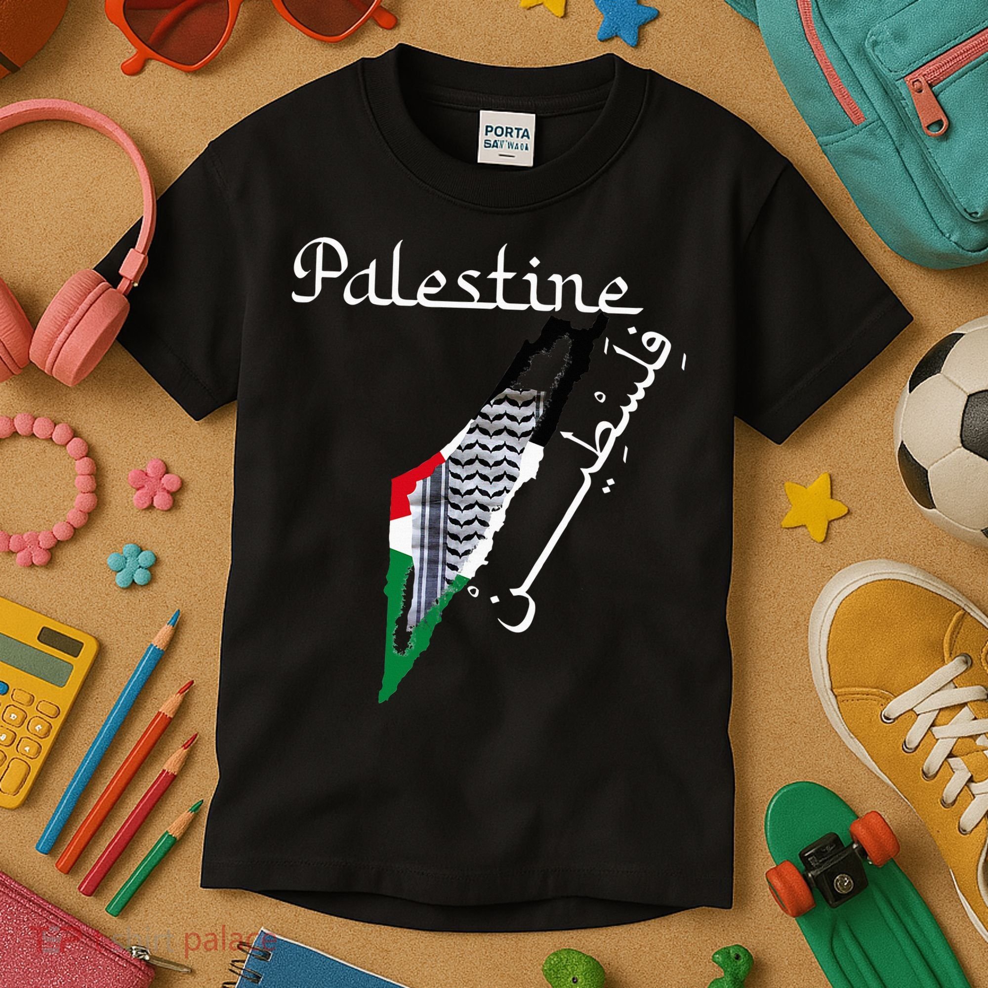 Palestine Map Keffiyeh Scarf Palestinian Flag in Arabic Kids T-Shirt