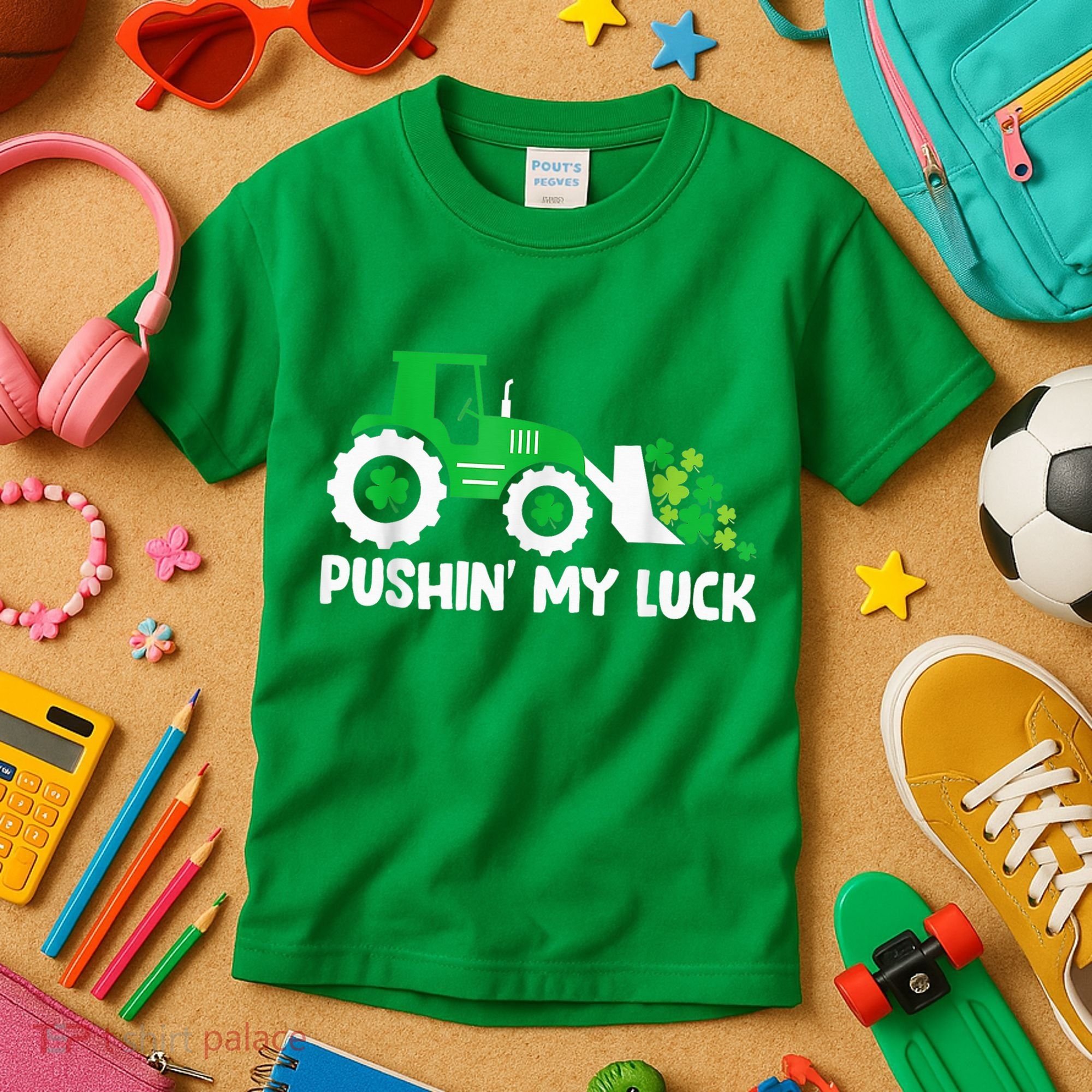 Pushing My Luck Tractor Truck St Patricks Day Kids T-Shirt