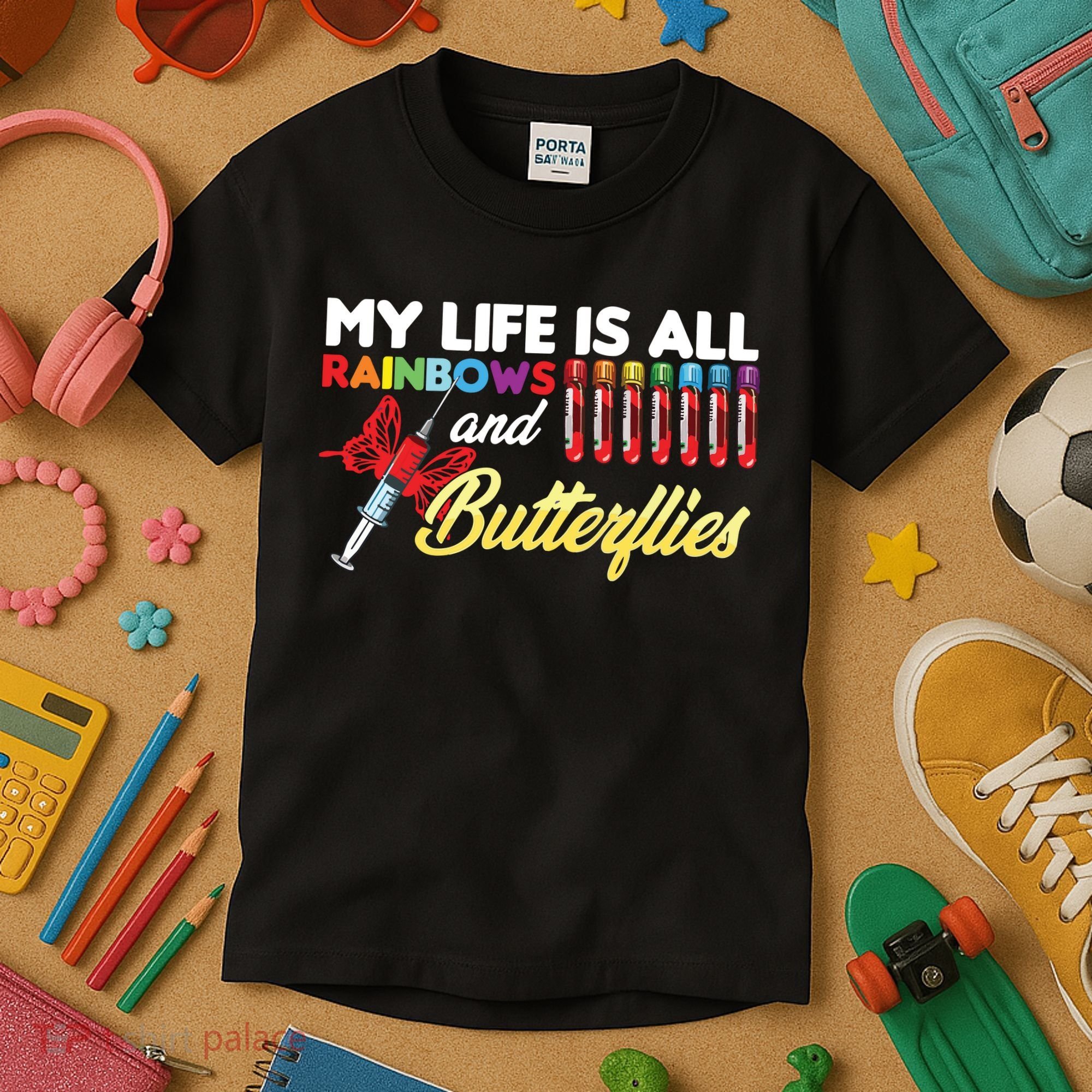 Phlebotomy My Life Is Rainbows Butterflies Phlebotomist Kids T-Shirt