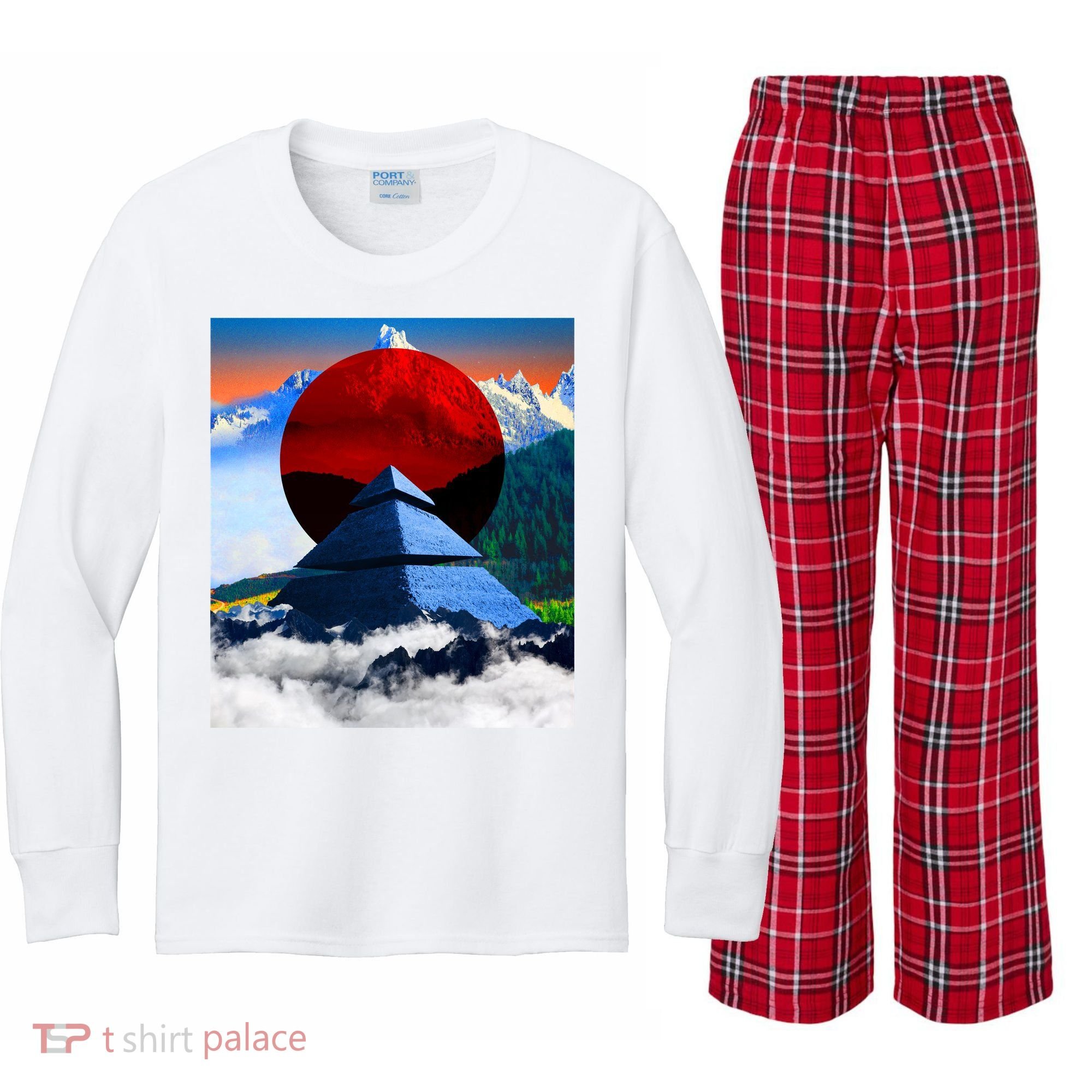 Pyramid Mountain Landscape Art Kids Long Sleeve Plaid Pajama Set