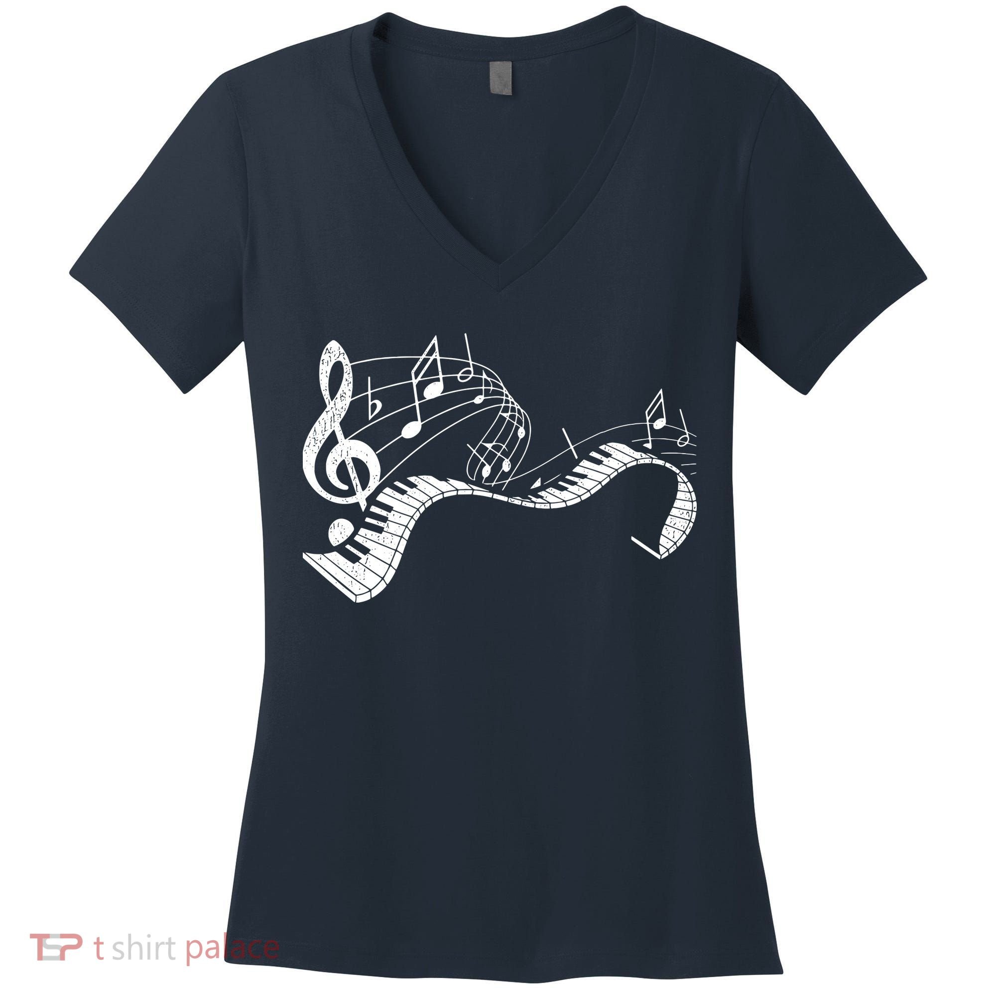Pianist Music Notes Treble Clef Piano Player Keyboard Piano Women's V-Neck T-Shirt