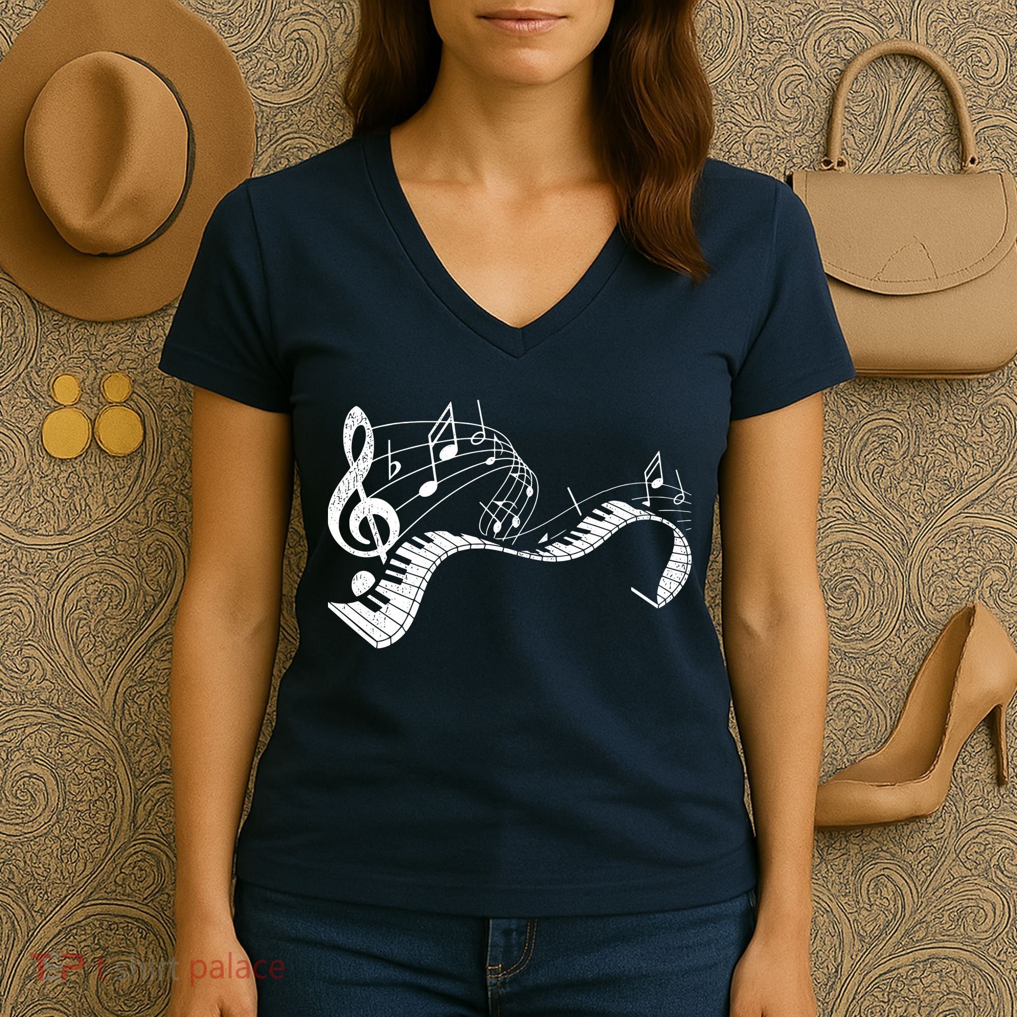 Pianist Music Notes Treble Clef Piano Player Keyboard Piano Women's V-Neck T-Shirt