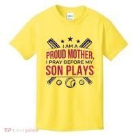 Proud Mother Pray Before Son Plays Baseball Kids T-Shirt thumb 0