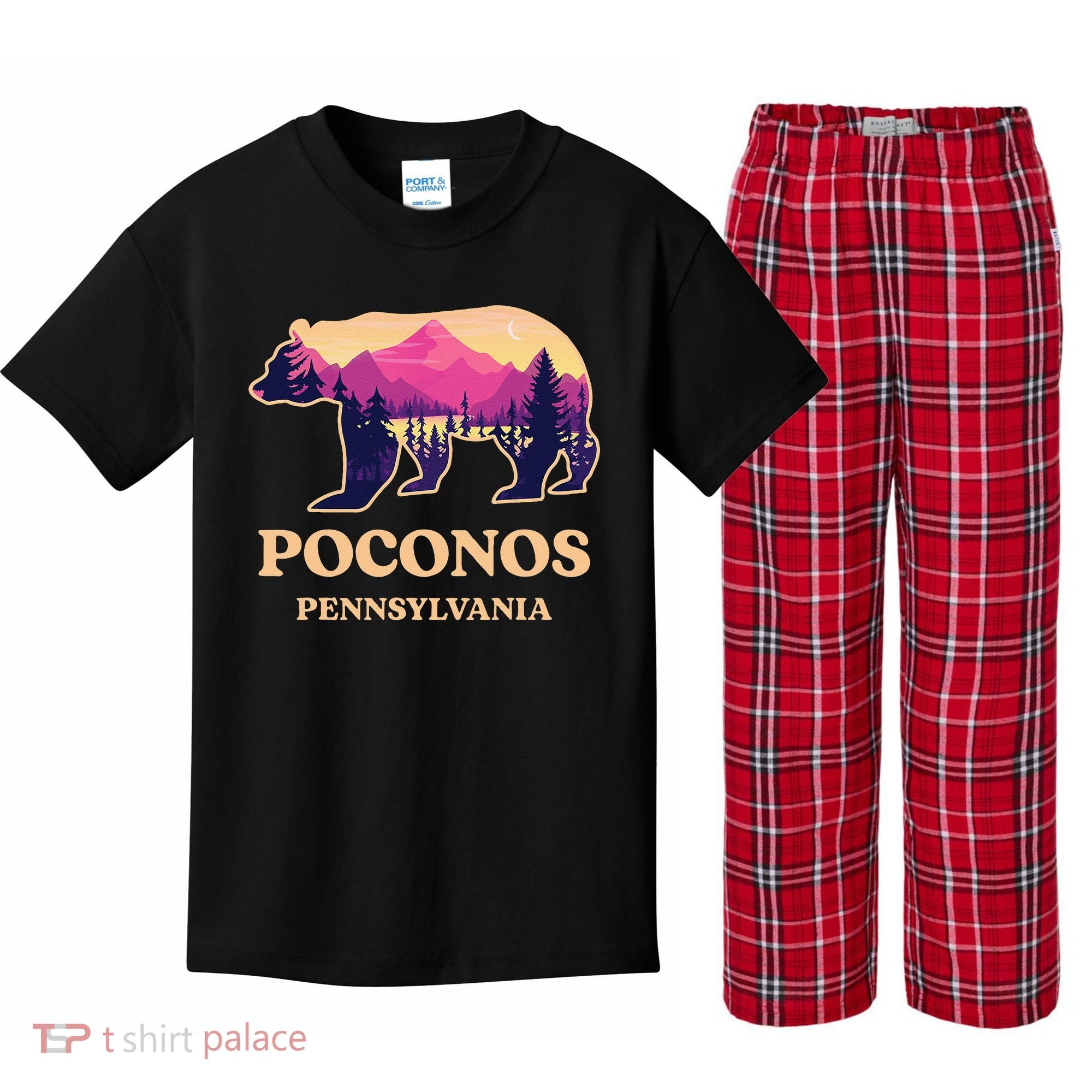 Poconos Mountains Pennsylvania Pa Bear Hiking Souvenirs Kids Plaid Pajama Set