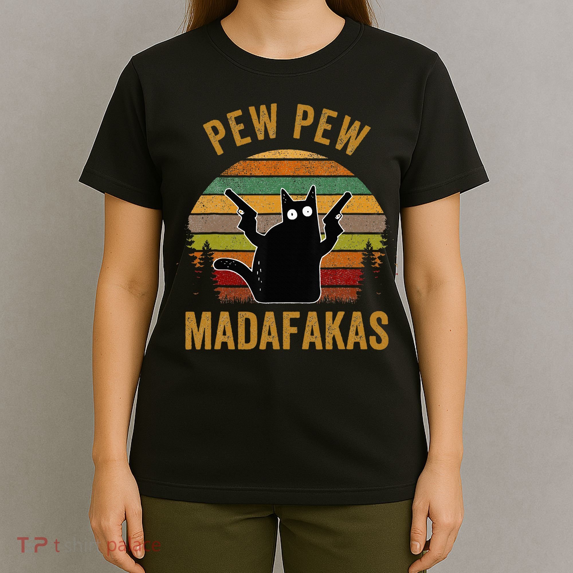 Pew Madafakas Pew Guns Funny Black Cat Retro Vintage T-Shirt