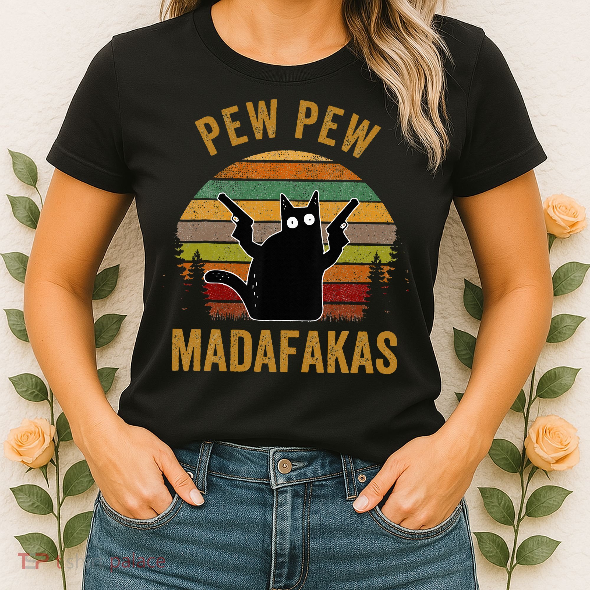 Pew Madafakas Pew Guns Funny Black Cat Retro Vintage Women's T-Shirt