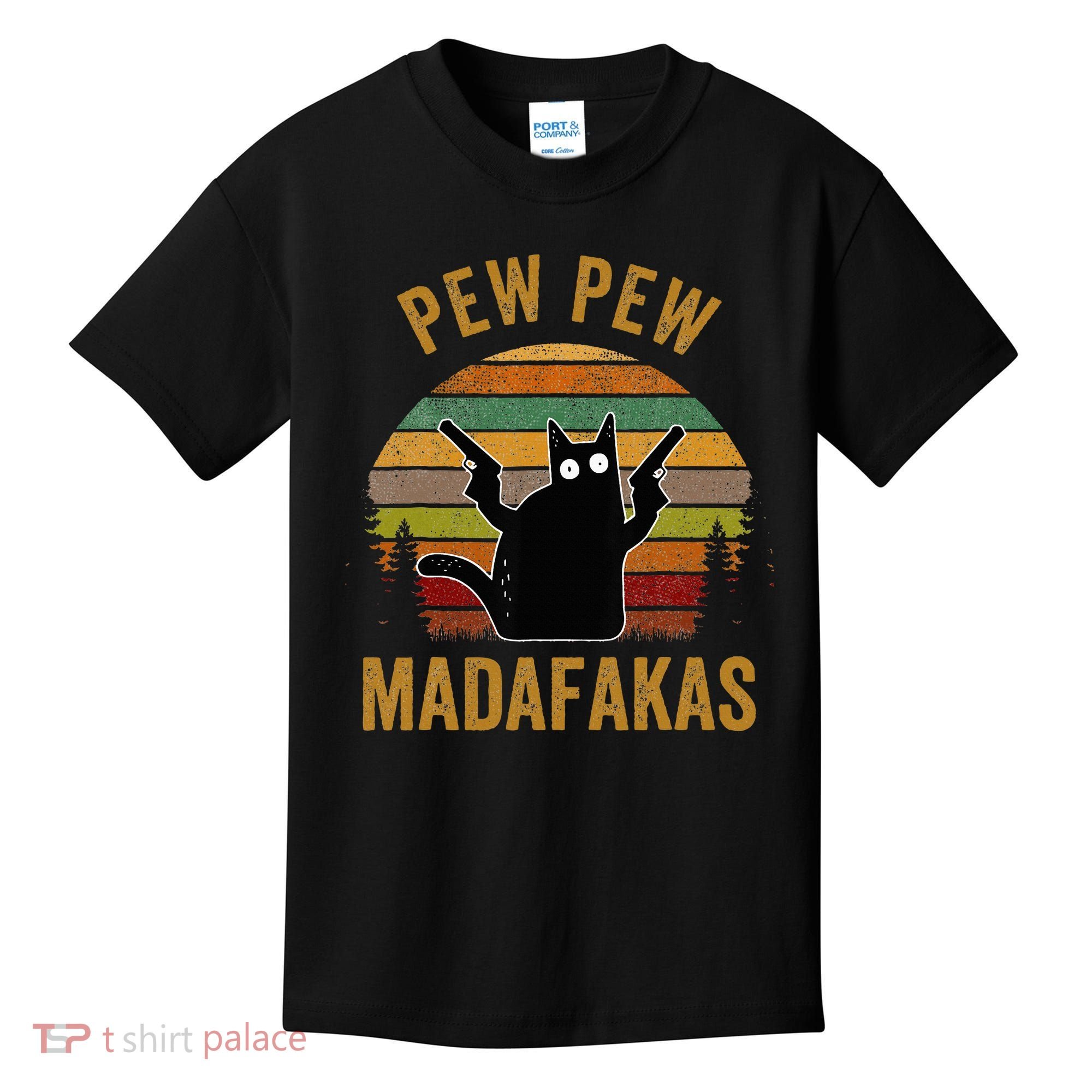 Pew Madafakas Pew Guns Funny Black Cat Kids T-Shirt