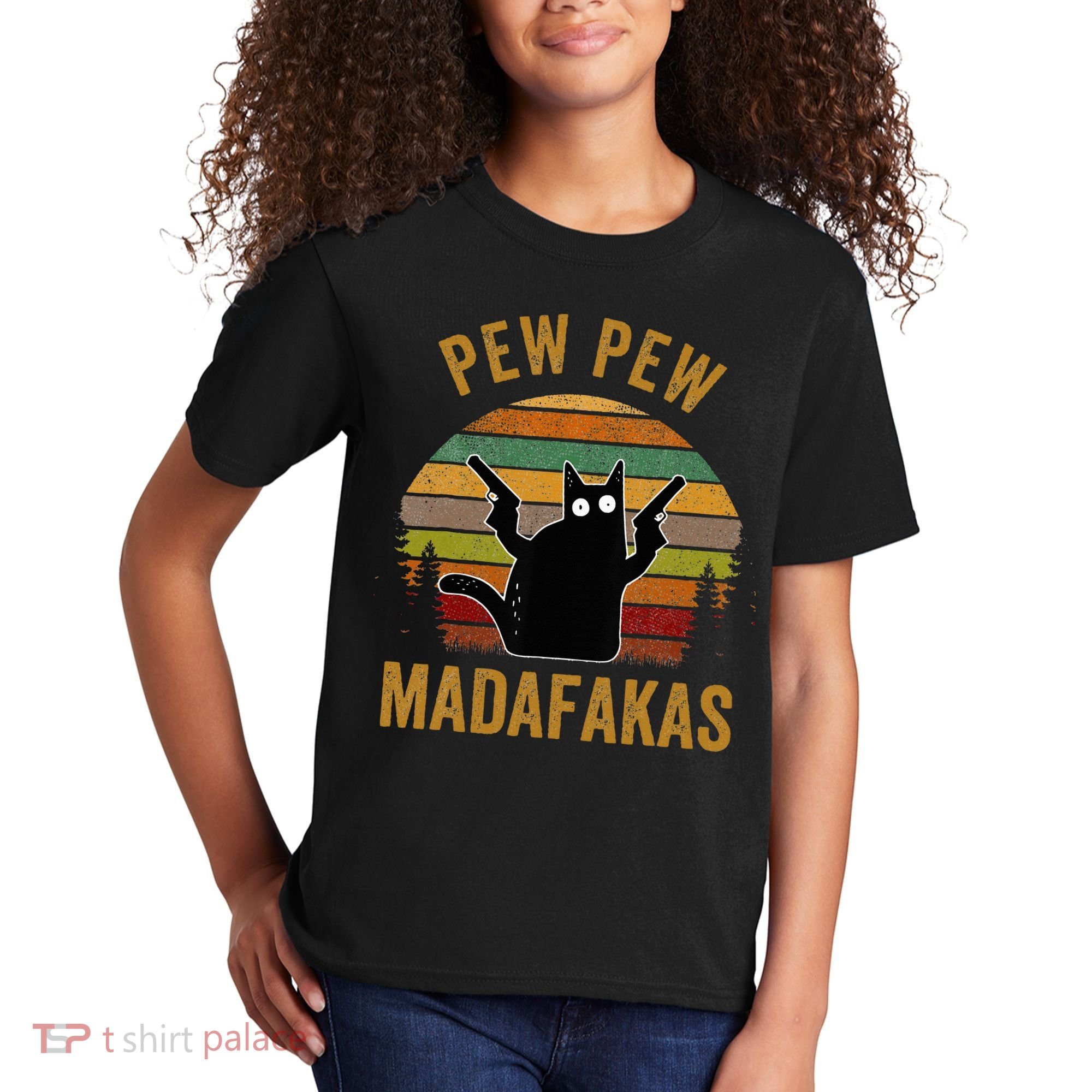 Pew Madafakas Pew Guns Funny Black Cat Kids T-Shirt