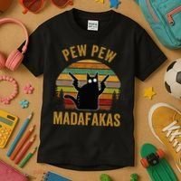 Pew Madafakas Pew Guns Funny Black Cat Kids T-Shirt thumb 3