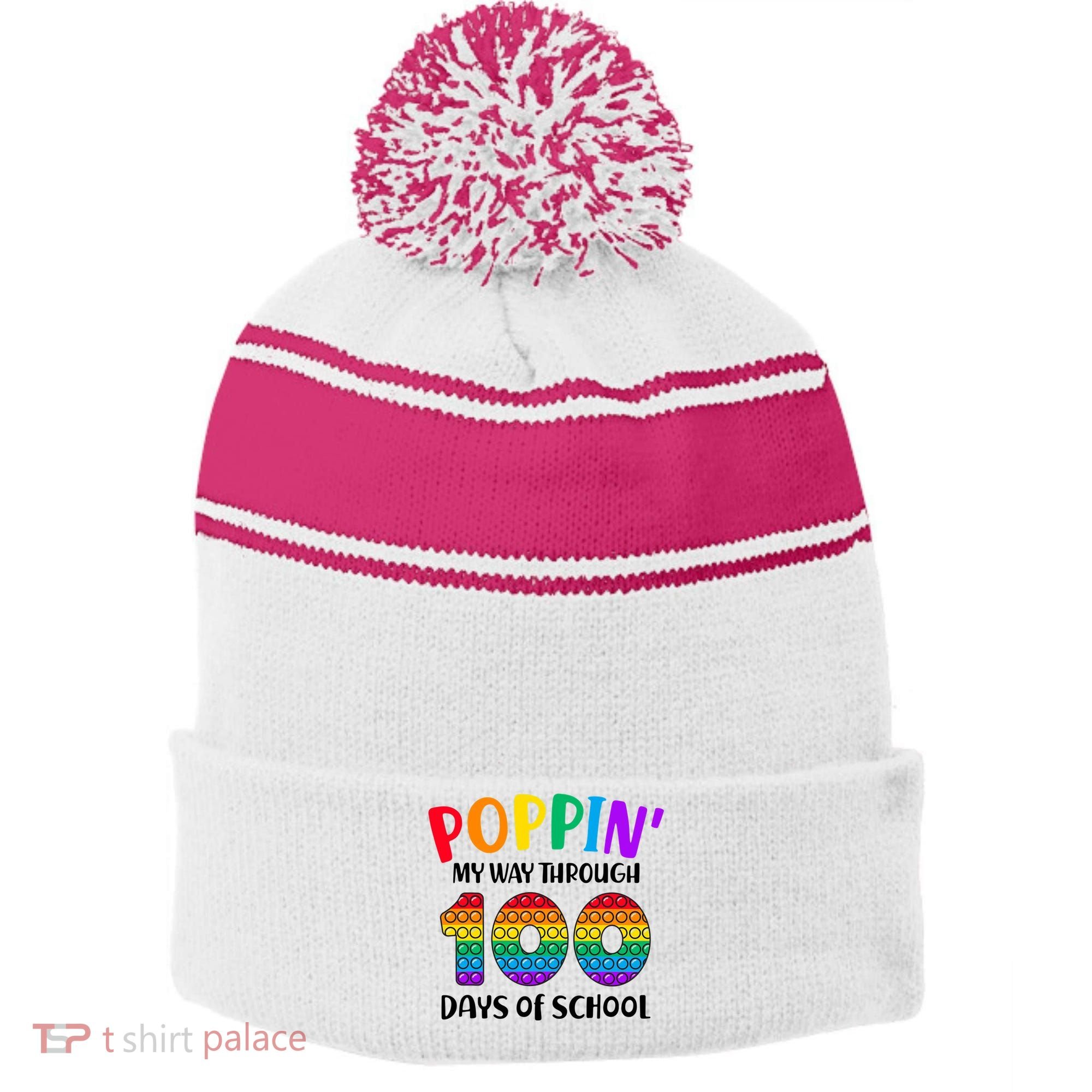 Poppin My Way Through 100 Days Of School Kids 100th Day Pop Stripe Pom Pom Beanie