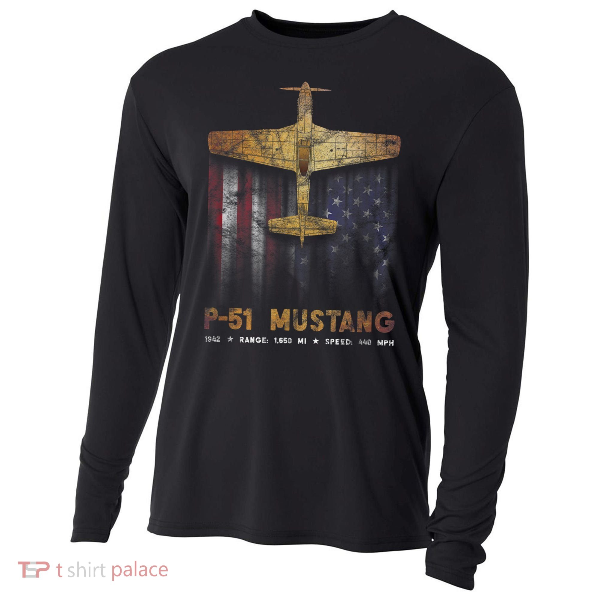 P51 Mustang WWII Fighter Plane Cooling Performance Long Sleeve Crew