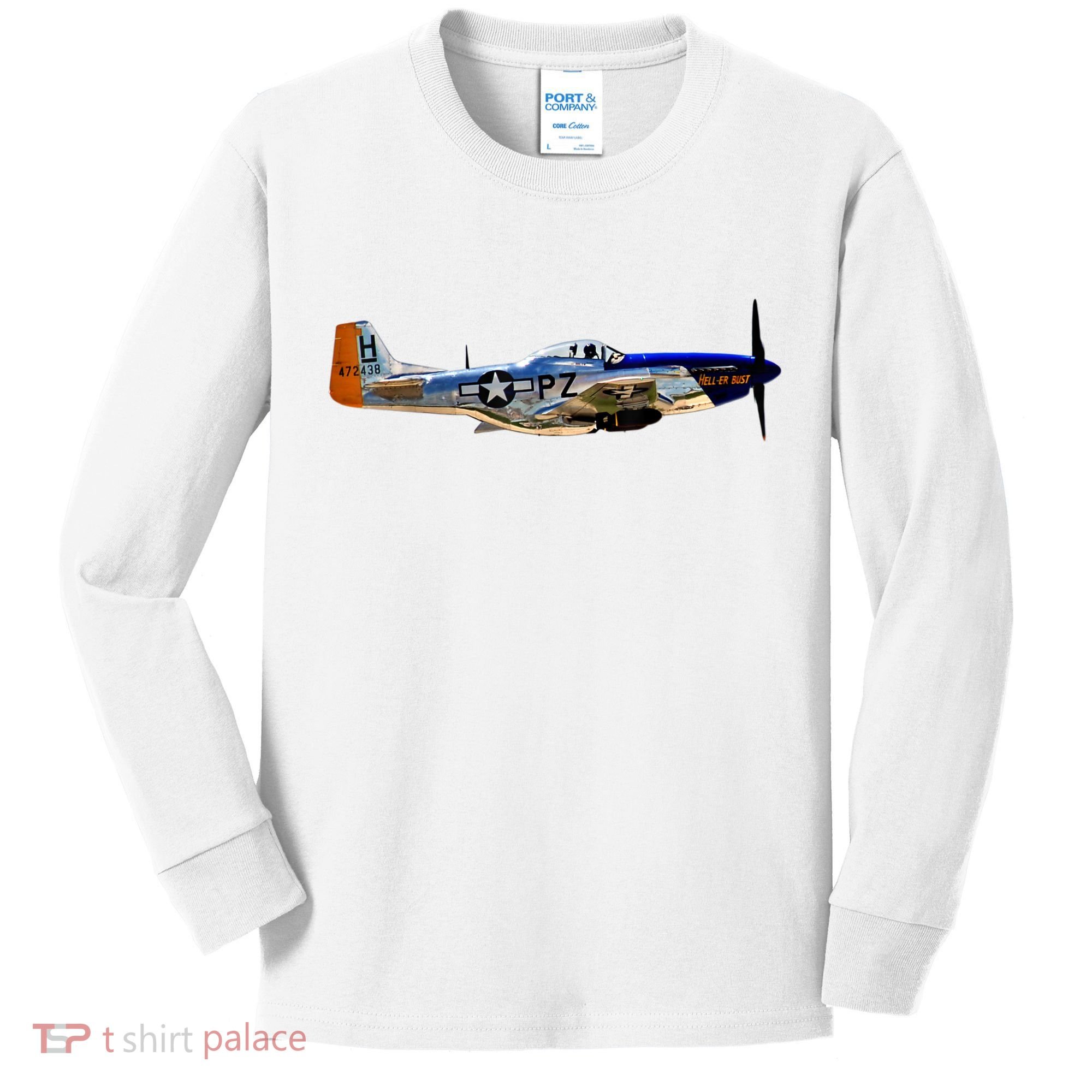 P51 Mustang WWII Fighter Plane US Military Aviation History Kids Long Sleeve Shirt