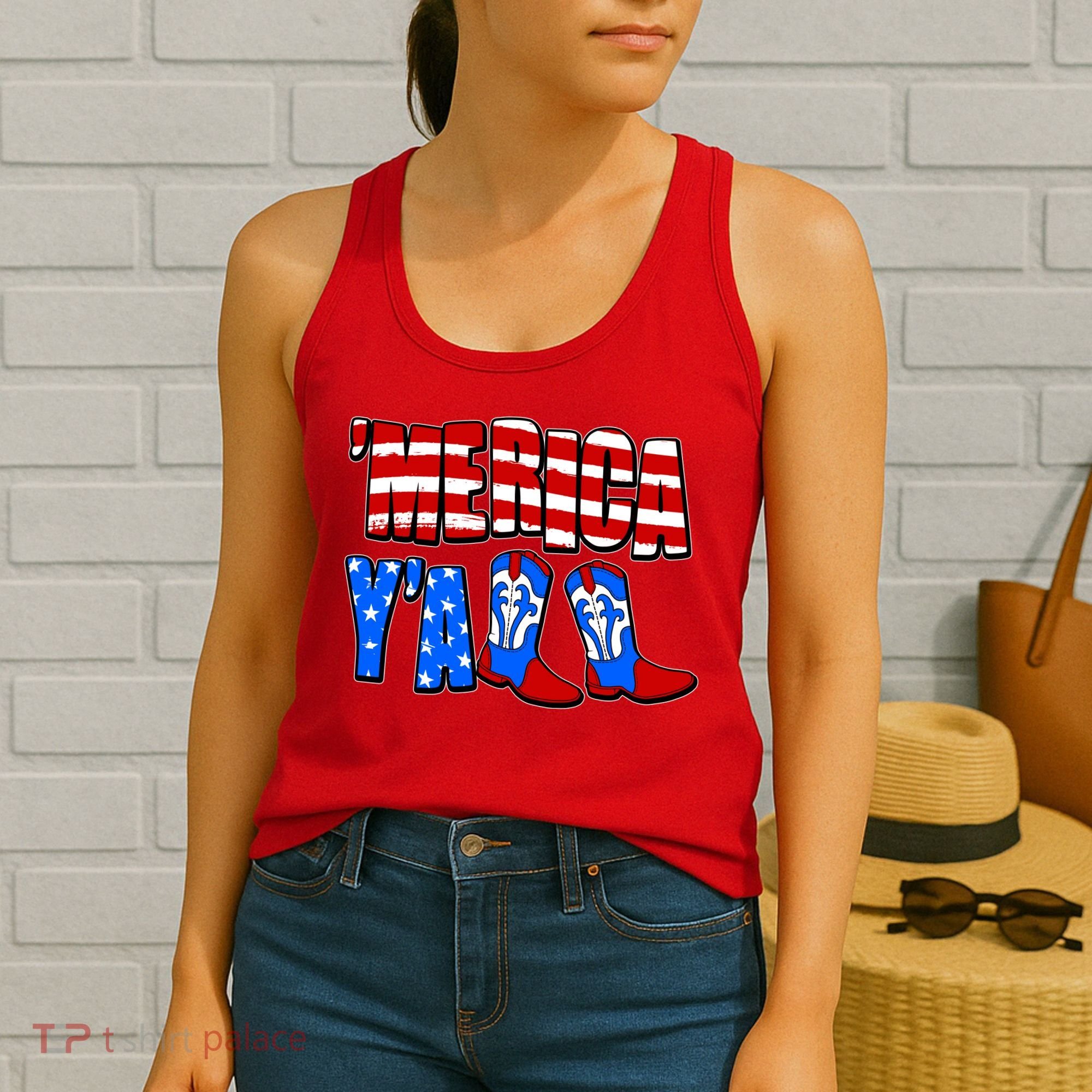 Patriotic Merica Yall Cowboy Cowgirl Boots Women's Tank Top