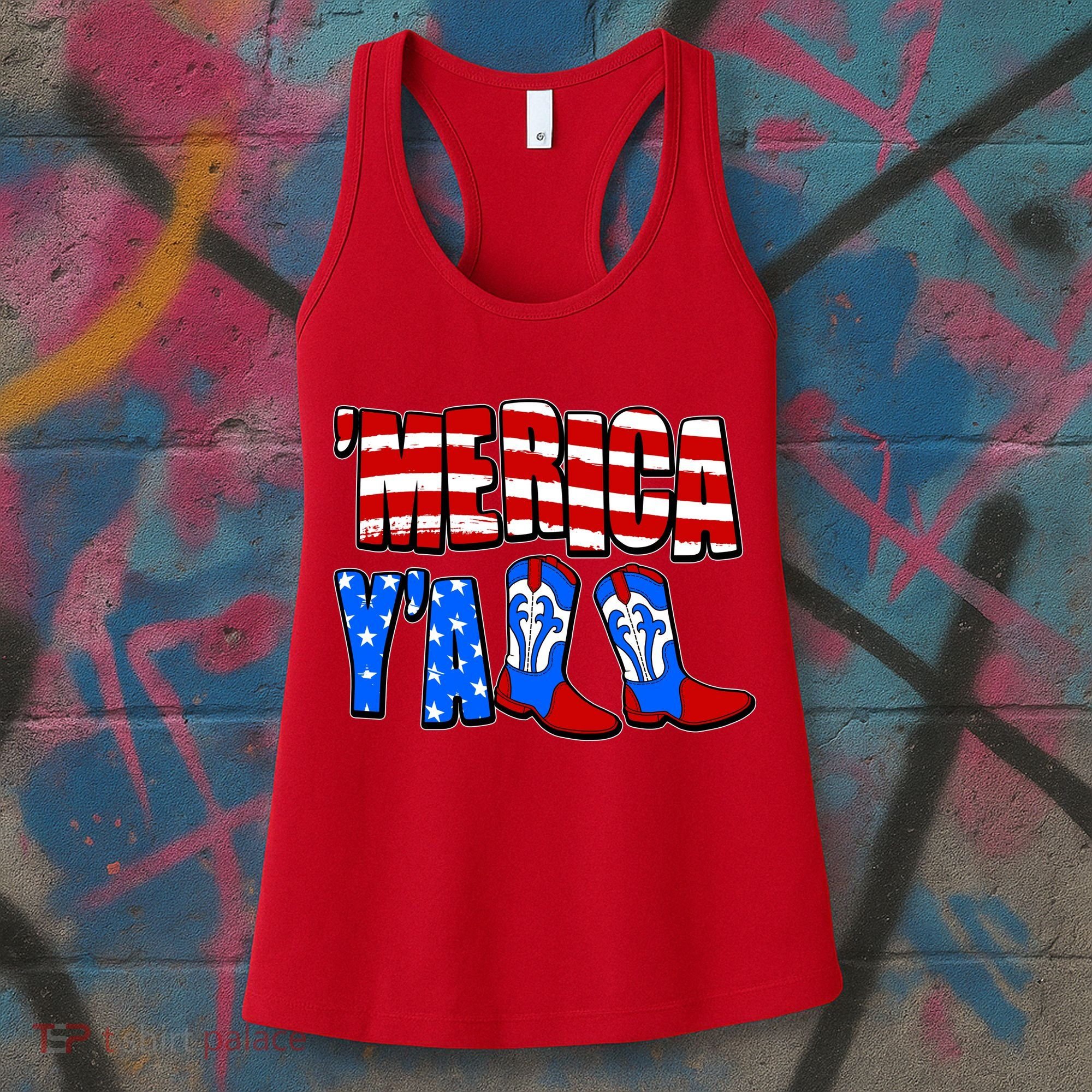 Patriotic Merica Yall Cowboy Cowgirl Boots Women's Tank Top