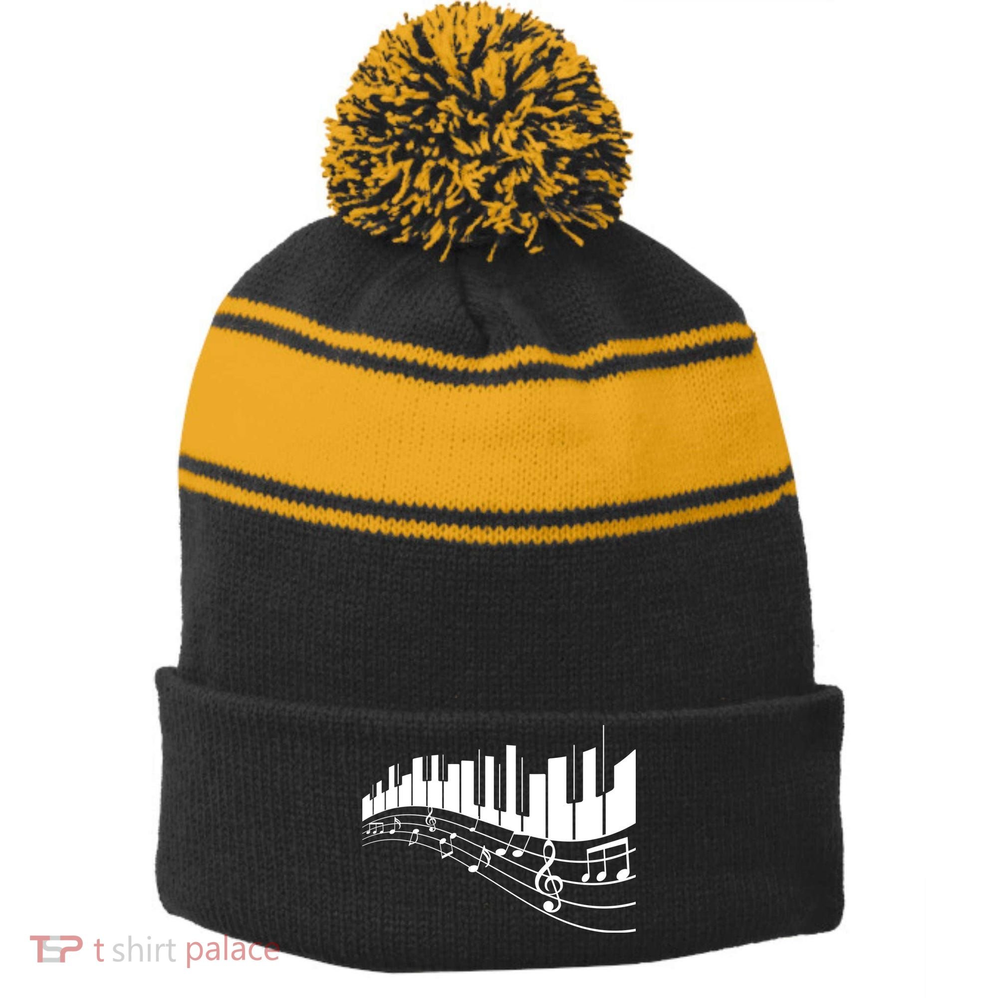 Piano Notes Musical Stripe Pom Pom Beanie
