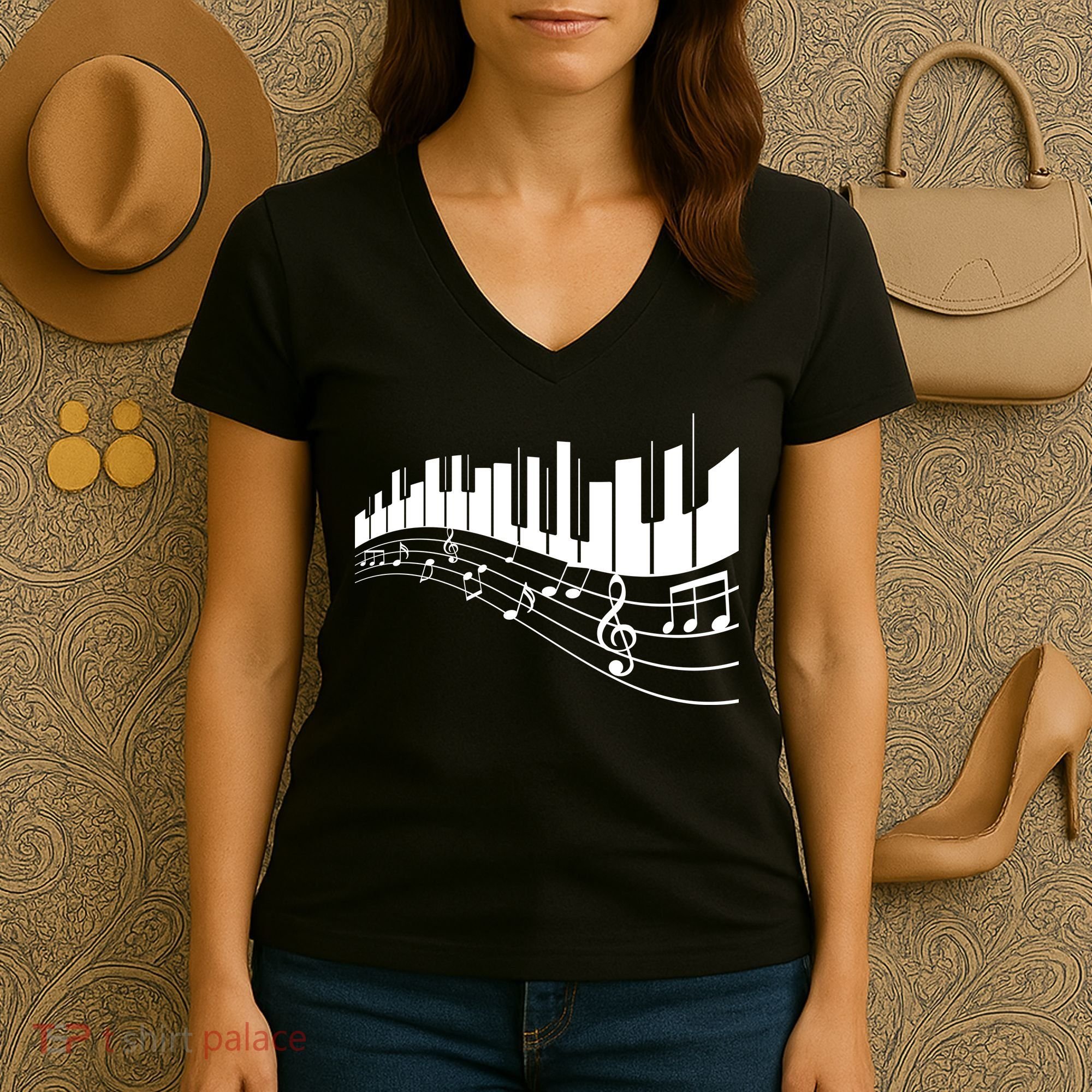 Piano Notes Musical Women's V-Neck T-Shirt