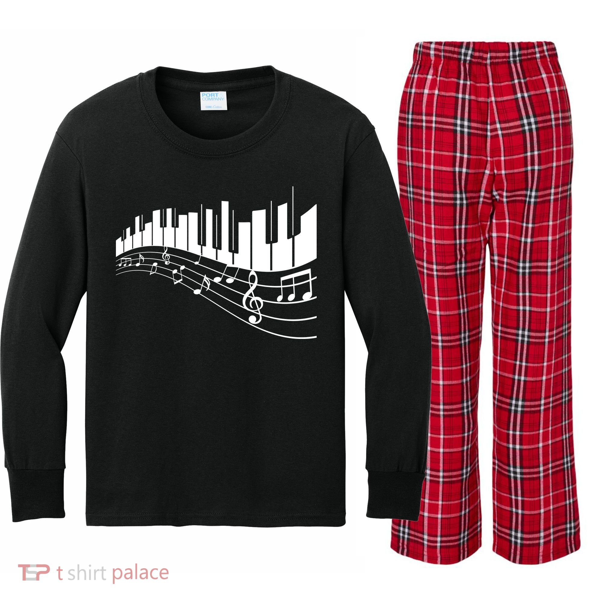 Piano Notes Musical Kids Long Sleeve Plaid Pajama Set