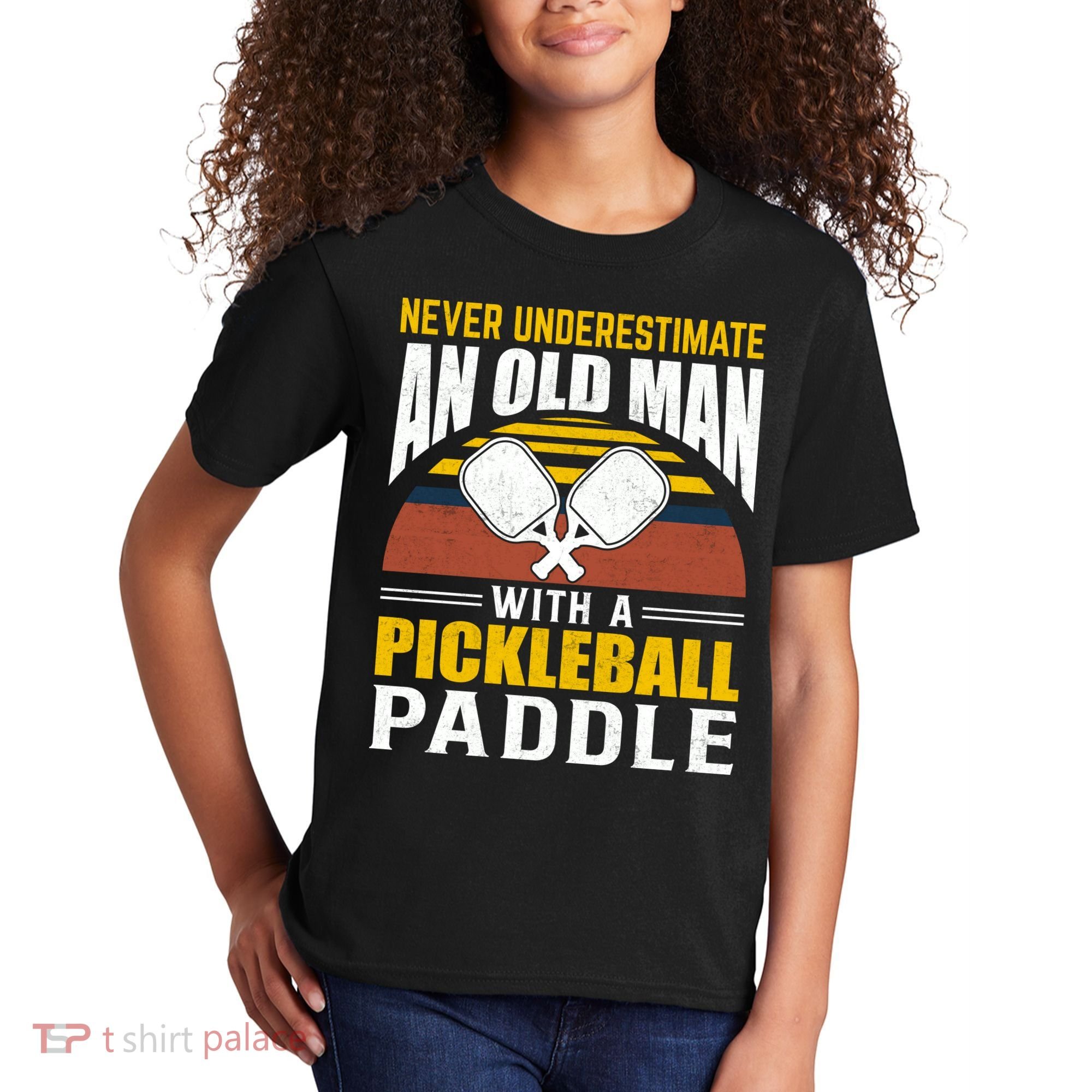 Pickleball Never Underestimate An Old Man With A Pickleball Paddle Kids T-Shirt