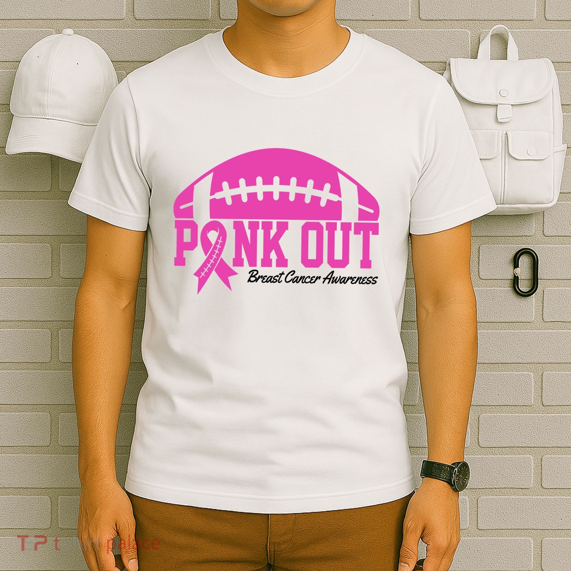 Pink Out Breast Cancer Awareness Football Ribbon T-Shirt