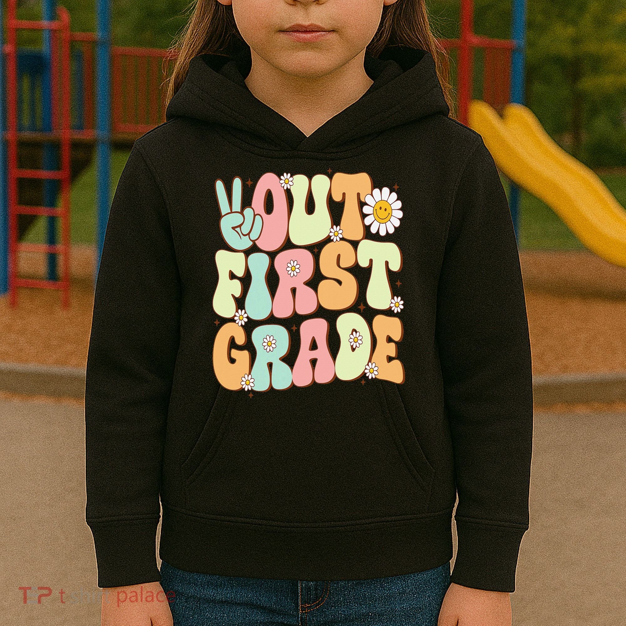Peace Out First Grade Groovy Graduation Last Day Of School Kids Hoodie
