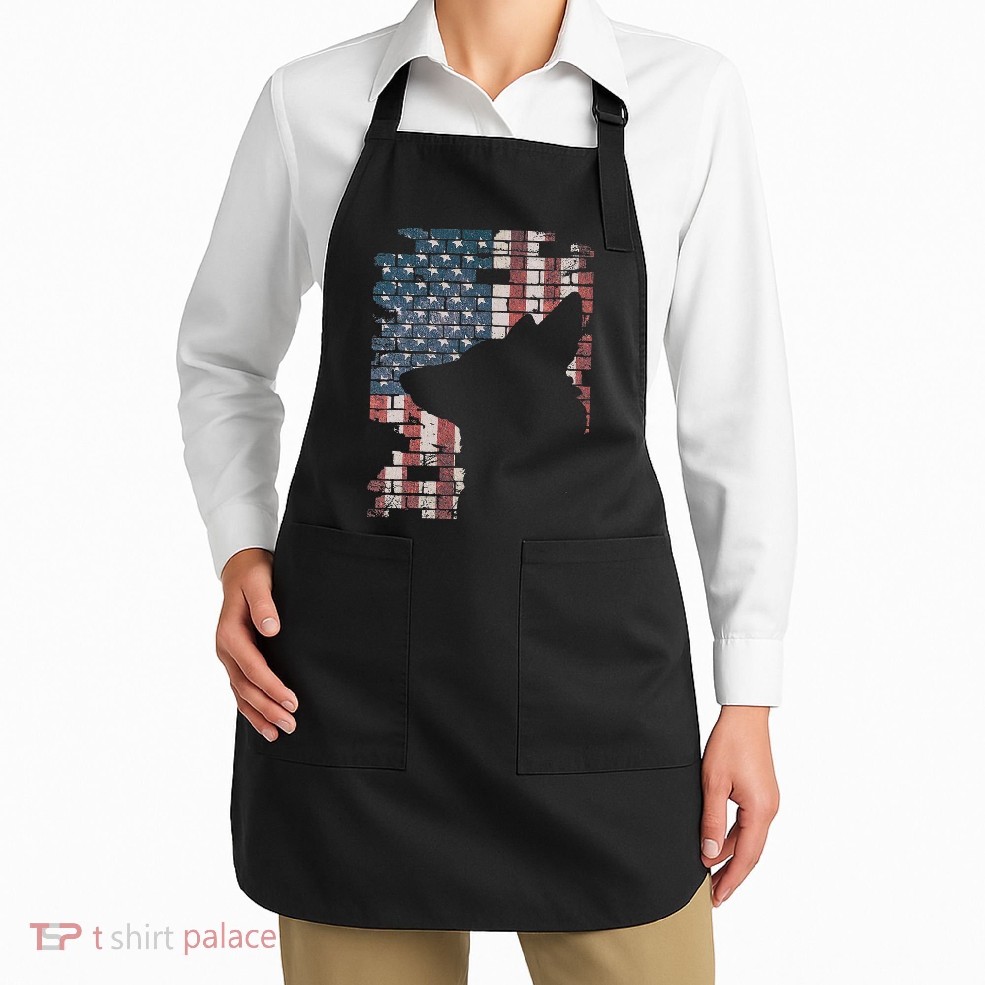 Police Officer K9 Dog Shep PD American Flag Silhouette Print Apron