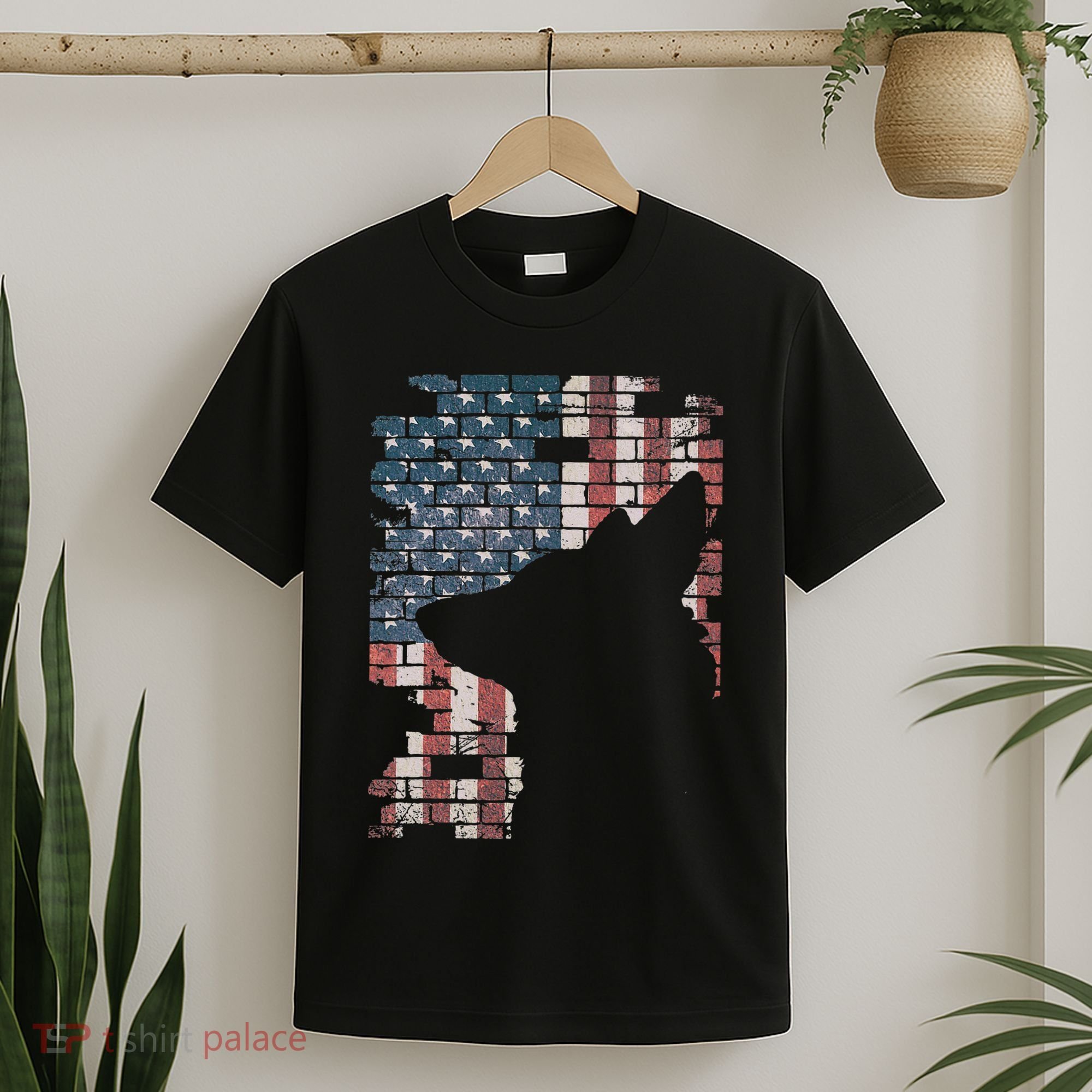 Police Officer K9 Dog Shep PD American Flag Silhouette Print T-Shirt