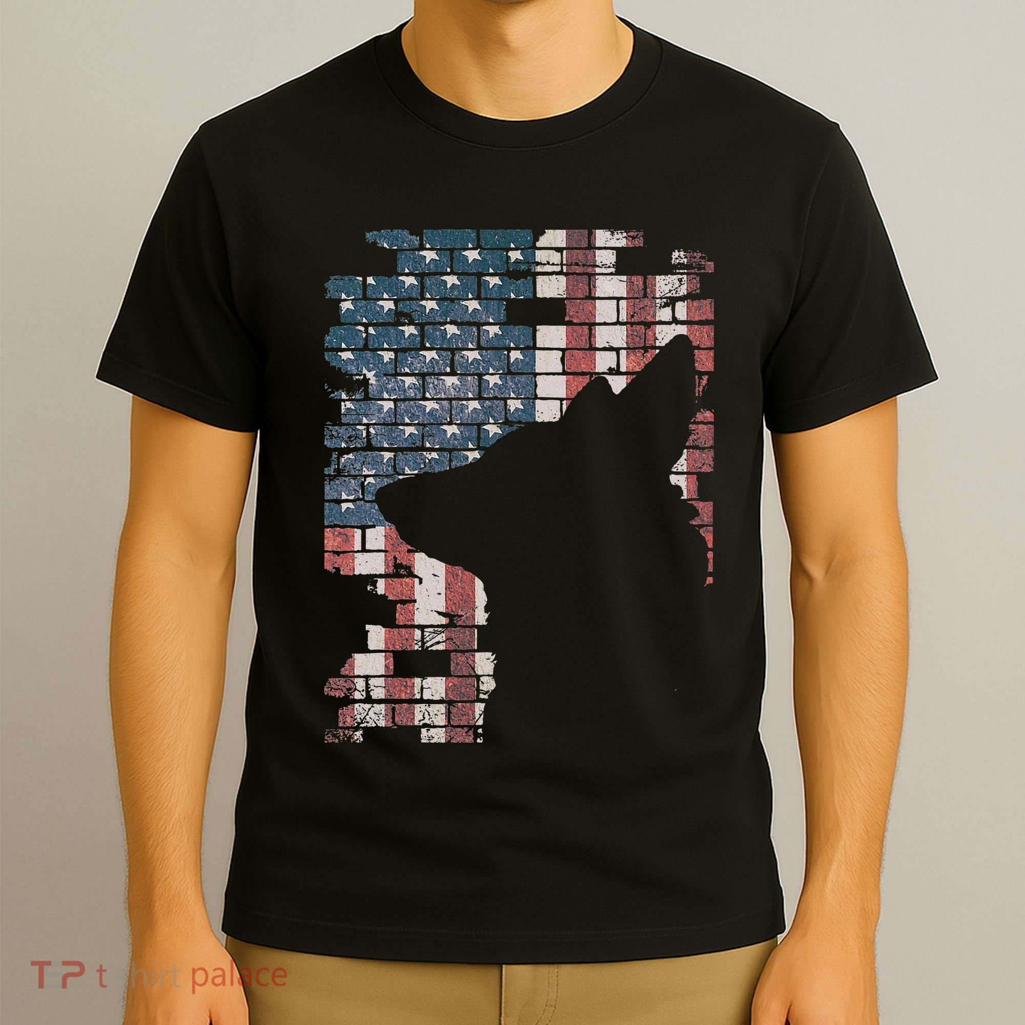 Police Officer K9 Dog Shep PD American Flag Silhouette Print T-Shirt