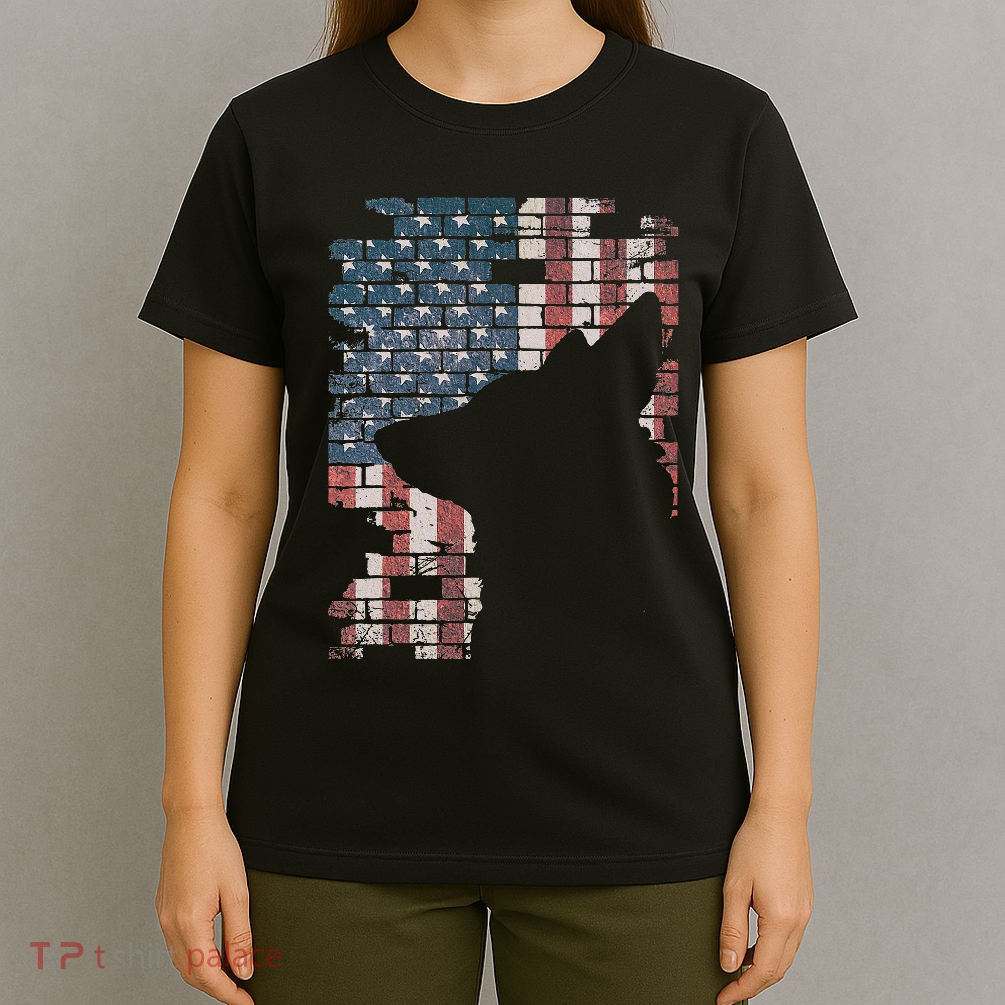 Police Officer K9 Dog Shep PD American Flag Silhouette Print T-Shirt