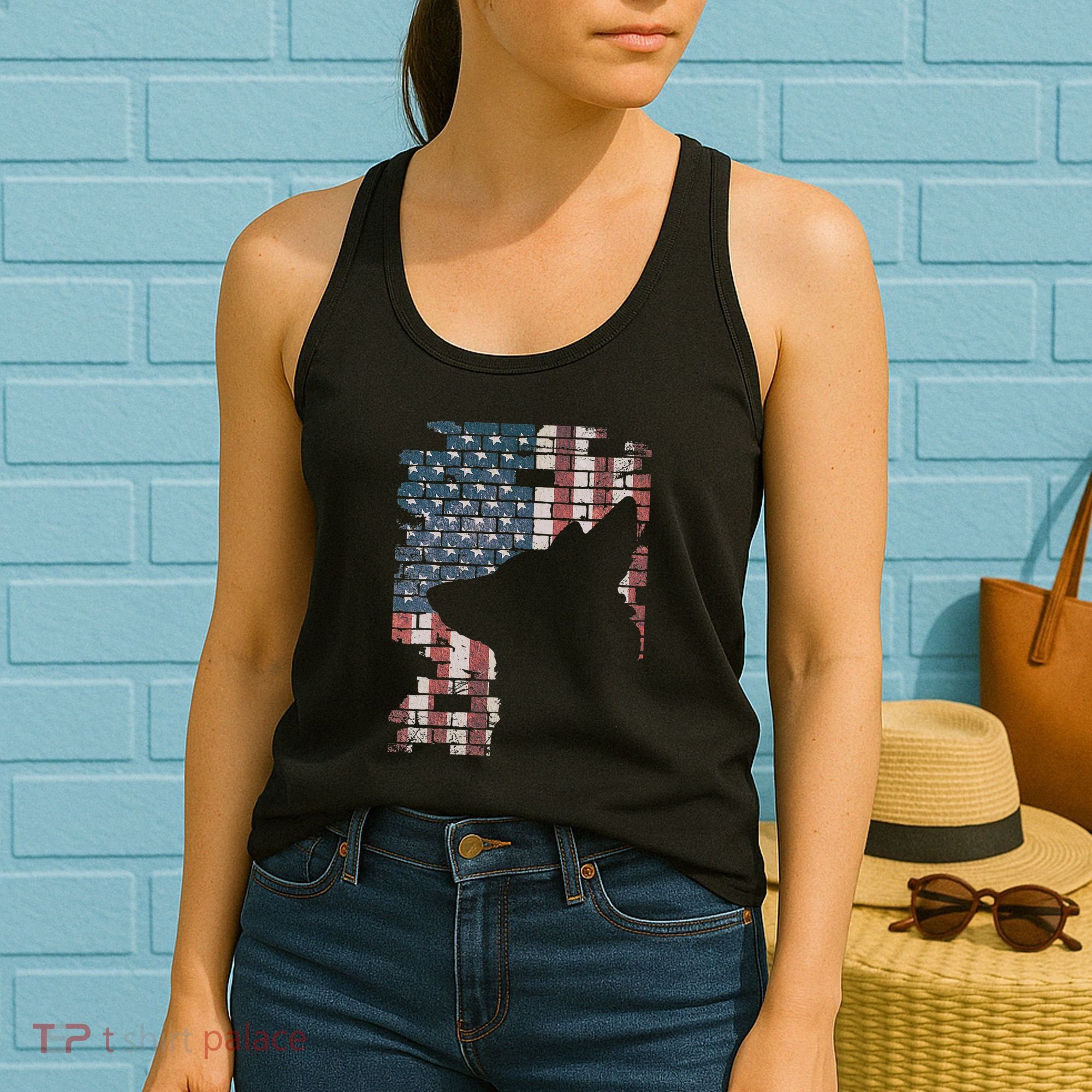 Police Officer K9 Dog Shep PD American Flag Silhouette Print Women's Tank Top