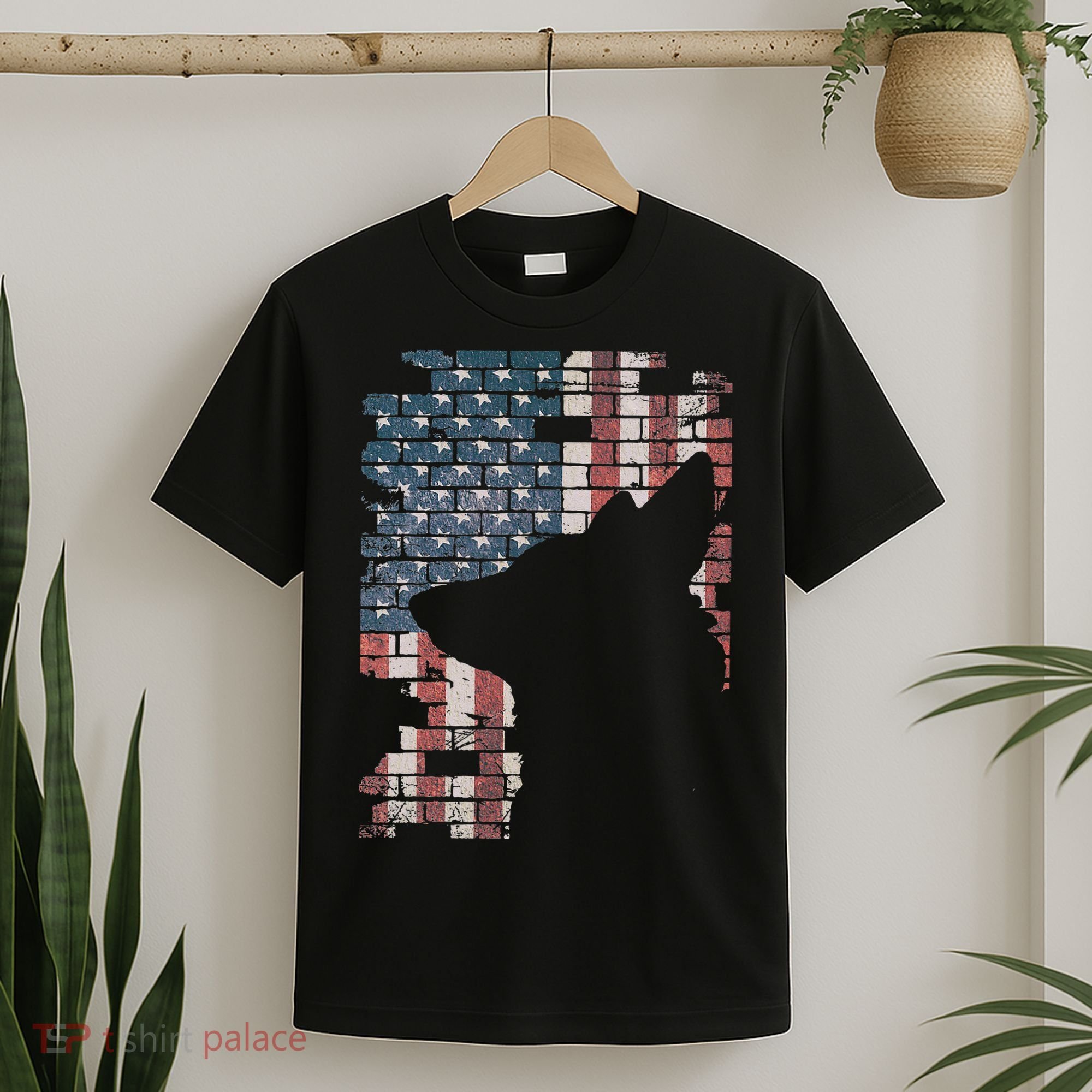 Police Officer K9 Dog Shep PD American Flag Silhouette Print T-Shirt