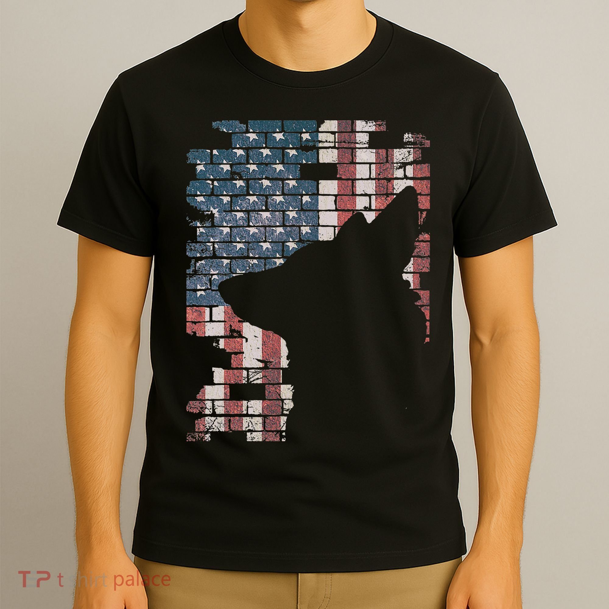Police Officer K9 Dog Shep PD American Flag Silhouette Print T-Shirt