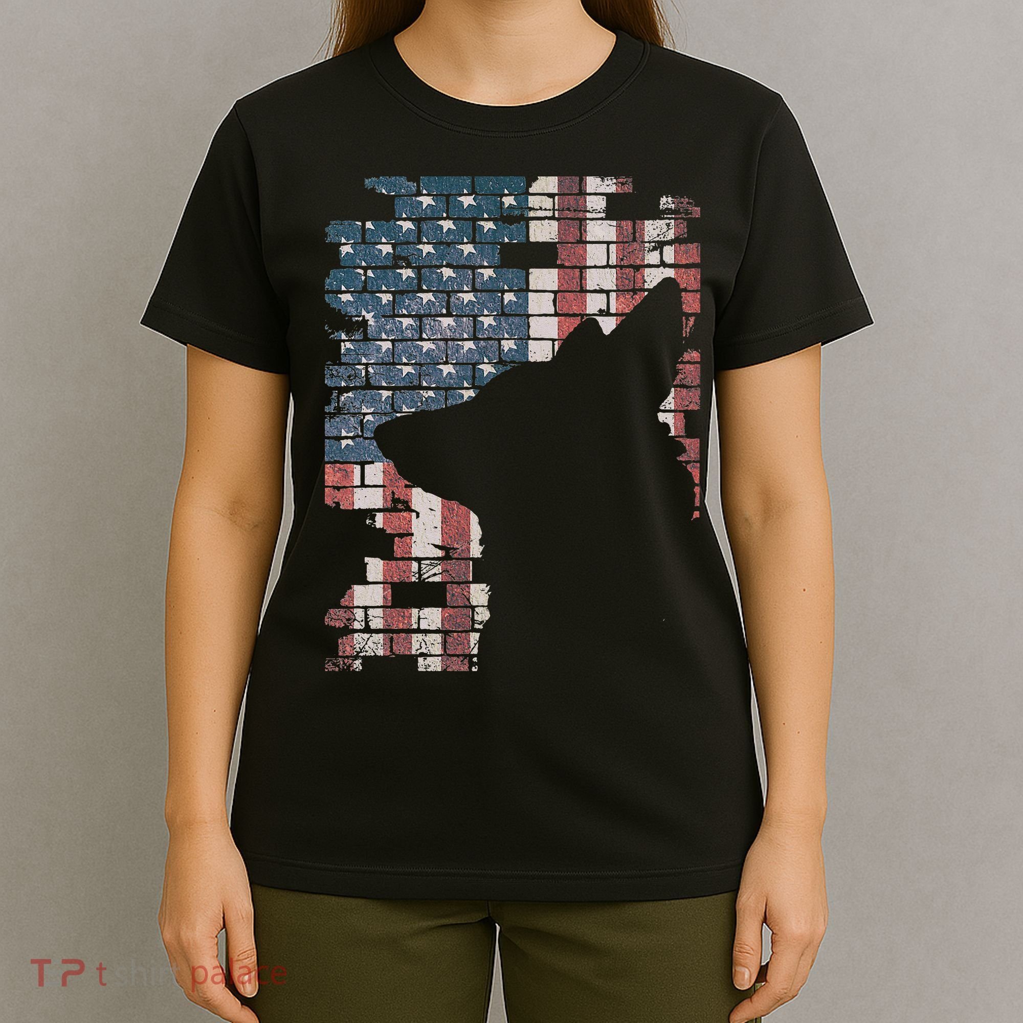Police Officer K9 Dog Shep PD American Flag Silhouette Print T-Shirt