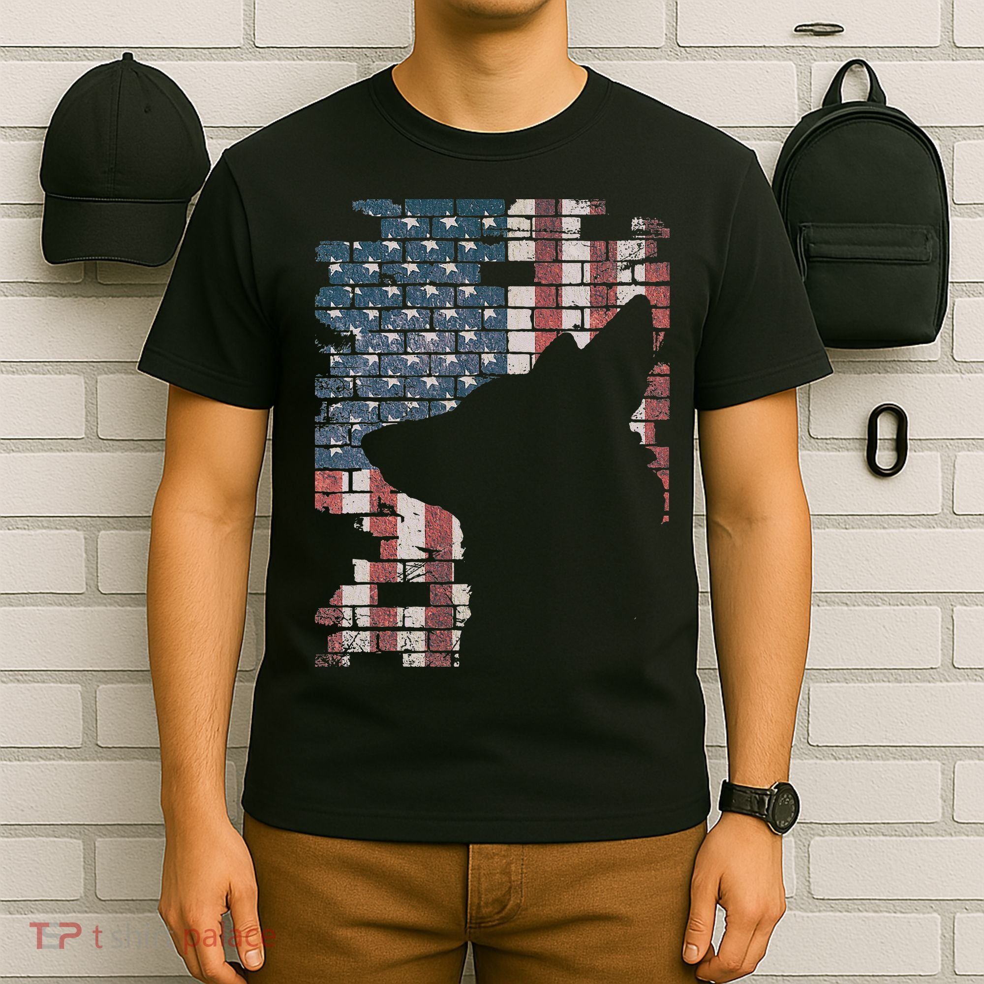 Police Officer K9 Dog Shep PD American Flag Silhouette Print T-Shirt