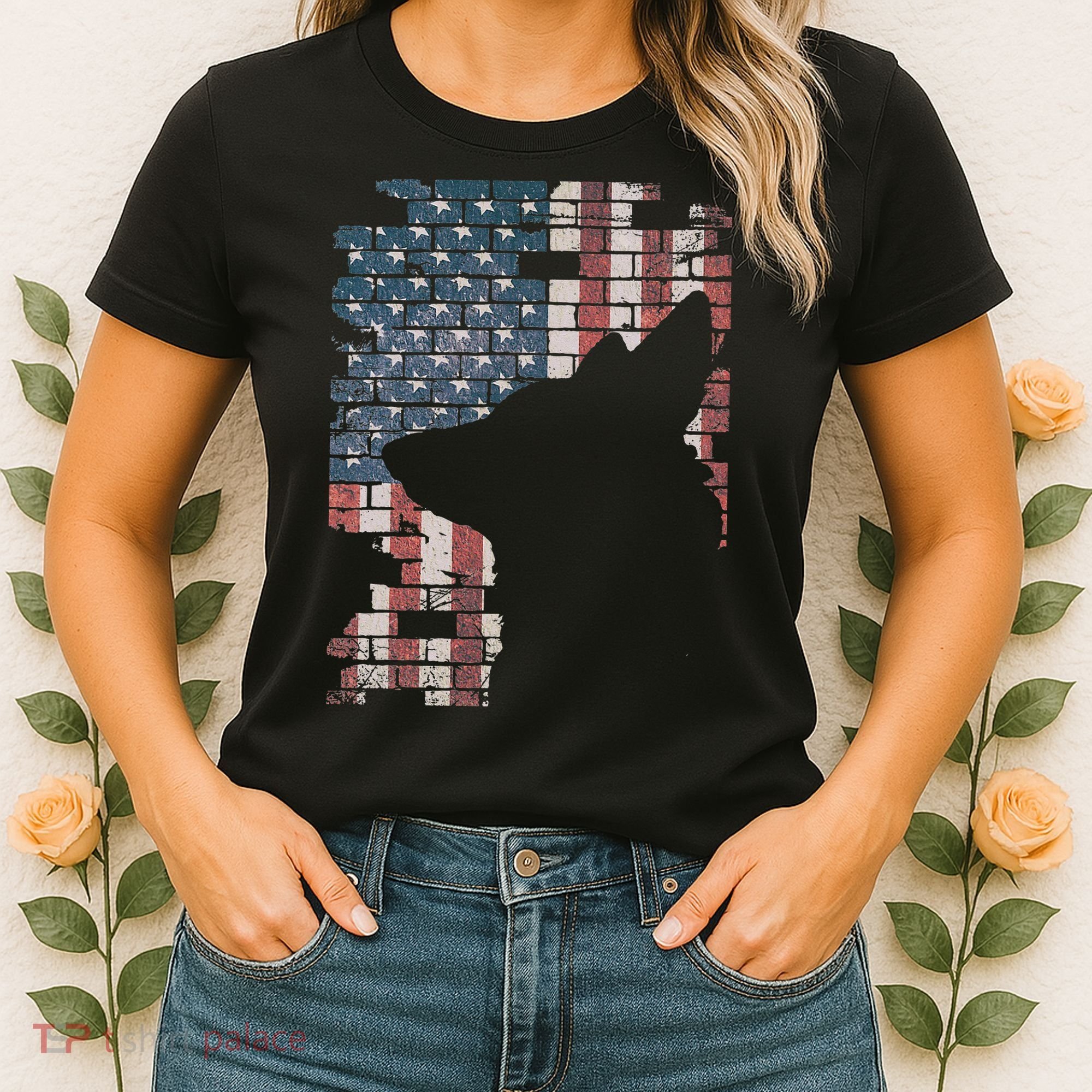 Police Officer K9 Dog Shep PD American Flag Silhouette Print Women's T-Shirt