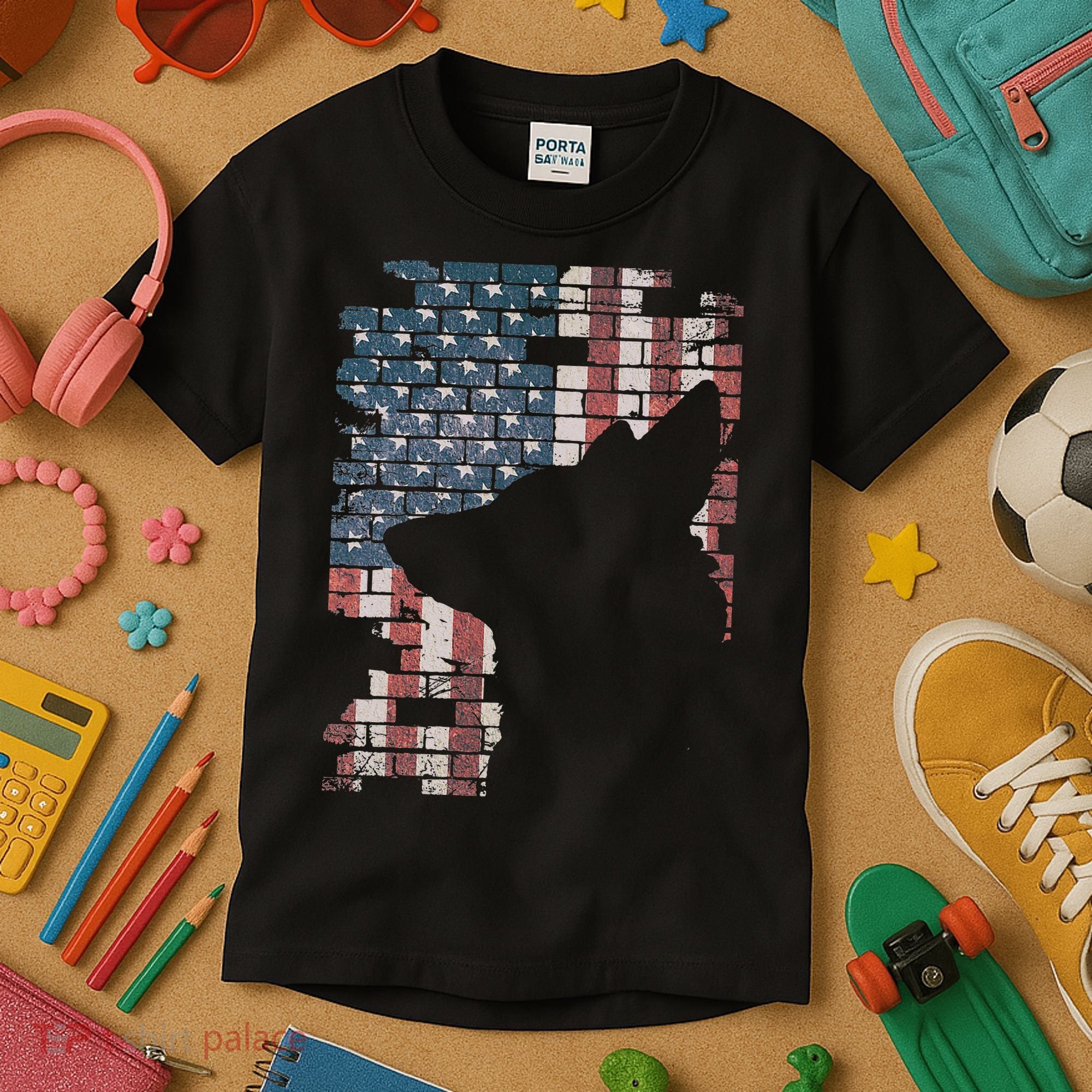 Police Officer K9 Dog Shep PD American Flag Silhouette Print Kids T-Shirt