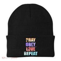Pray Obey Love Repeat Christian Bible Quote Beanie thumb 0
