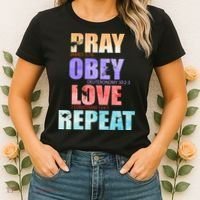 Pray Obey Love Repeat Christian Bible Quote Women's T-Shirt thumb 2