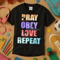Pray Obey Love Repeat Christian Bible Quote Kids T-Shirt thumb 3